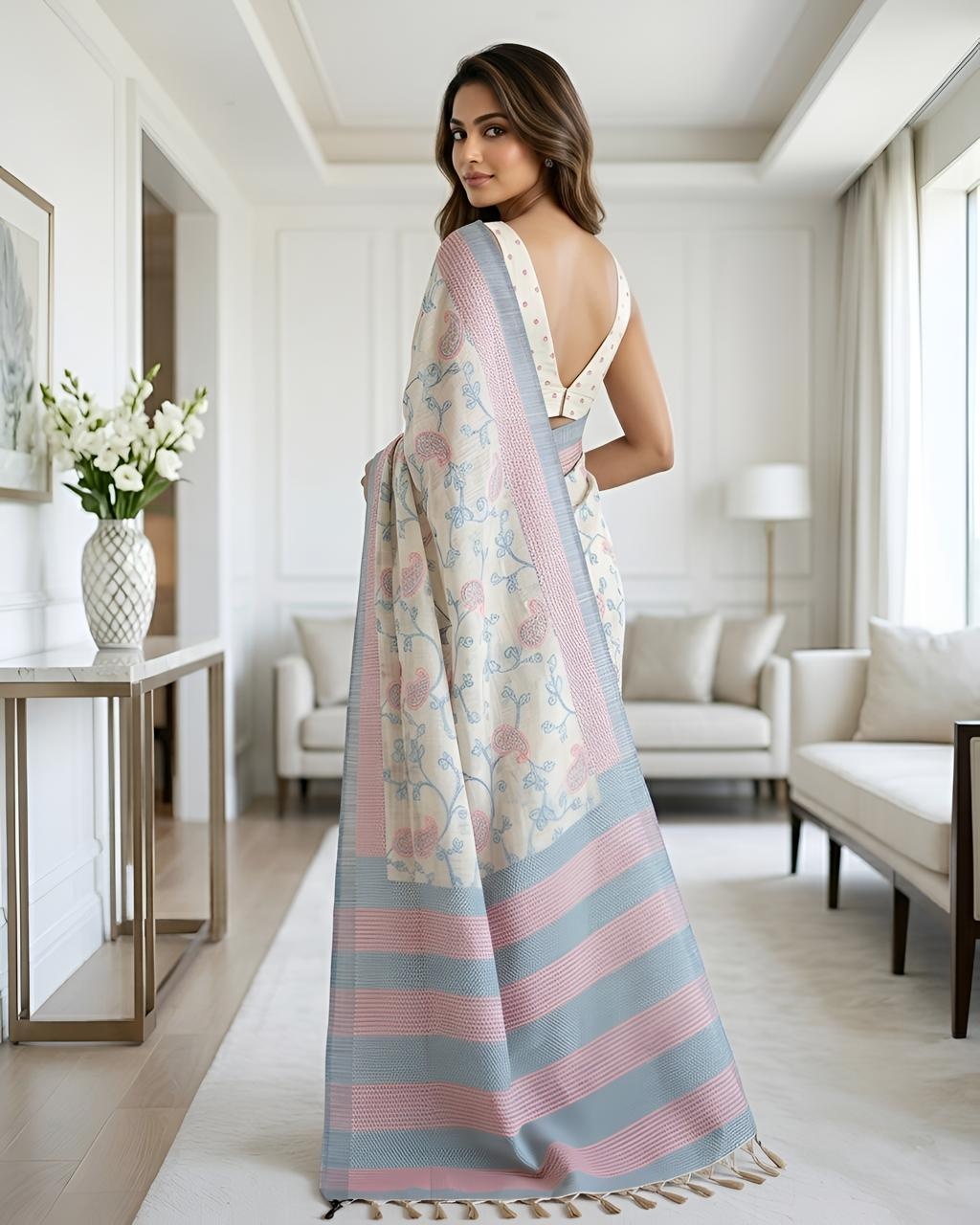 Offwhite N Sky Blue Paisley Printed Cotton Saree — alternate view