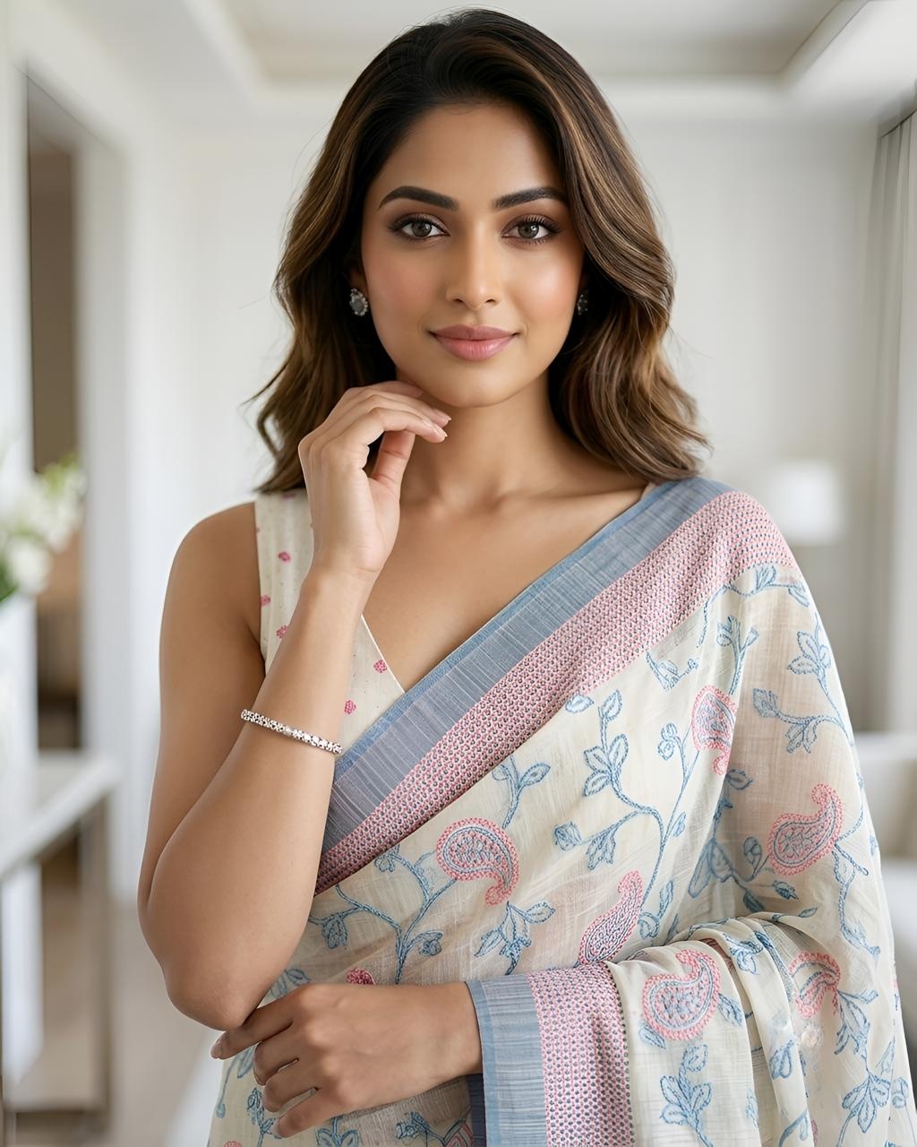 Offwhite N Sky Blue Paisley Printed Cotton Saree