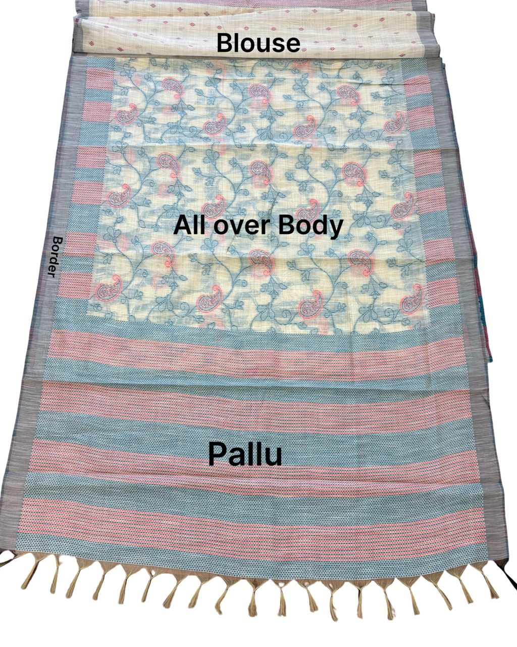Offwhite N Sky Blue Paisley Printed Cotton Saree