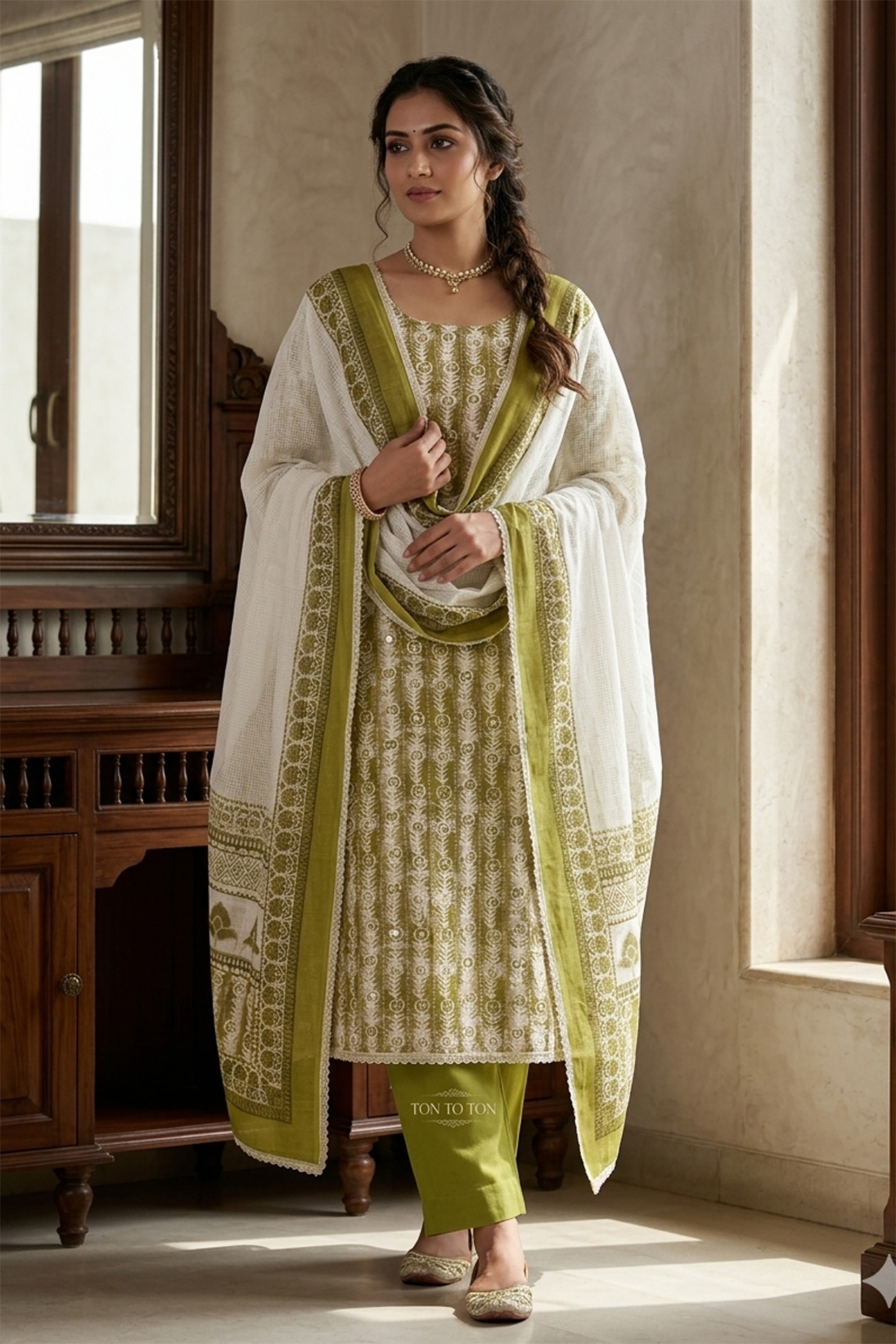 Olive Aura Linen Cotton Designer Printed Salwar Suit