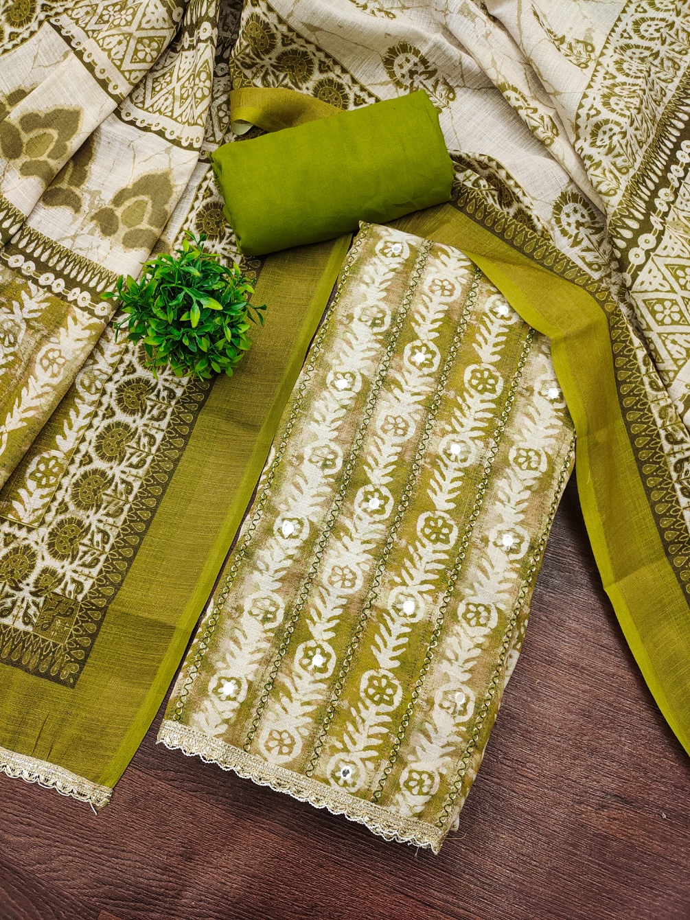 Olive Aura Linen Cotton Designer Printed Salwar Suit