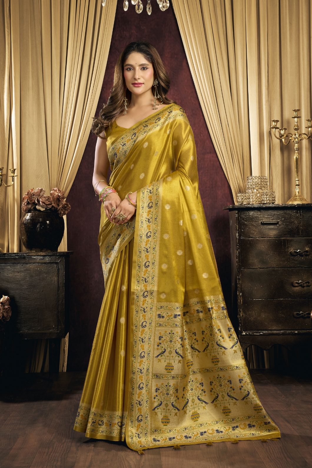 Olive Bird Motif Woven Tissue Silk Saree