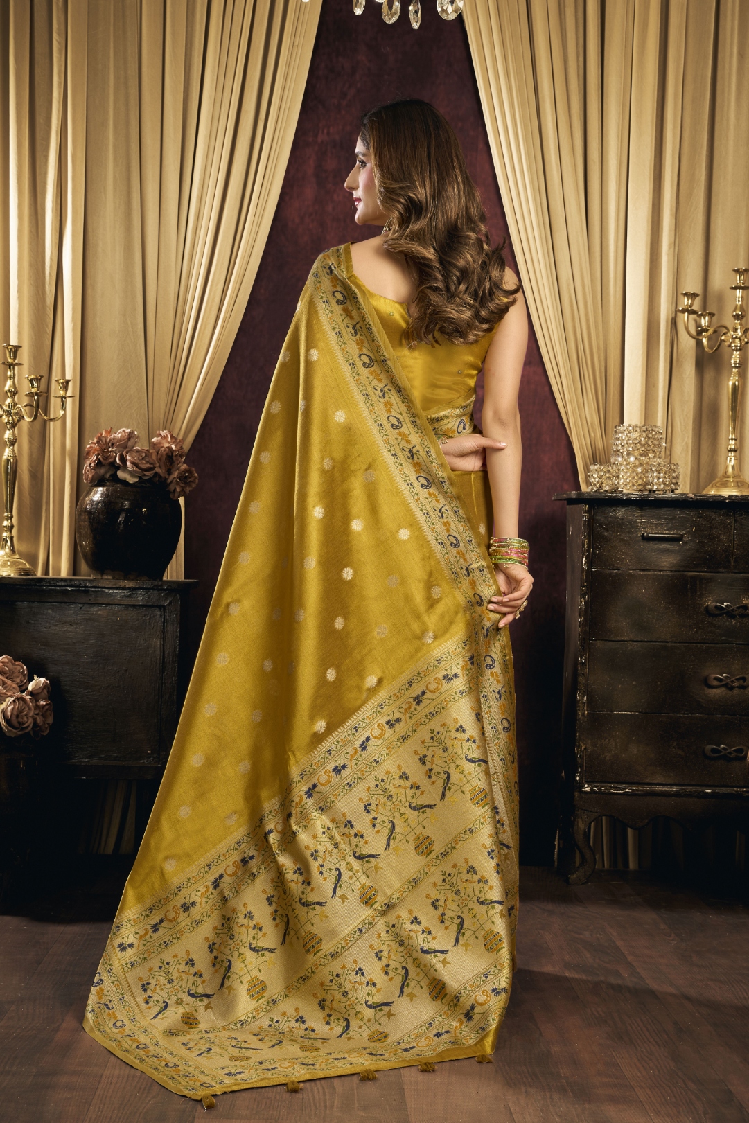 Olive Bird Motif Woven Tissue Silk Saree — alternate view