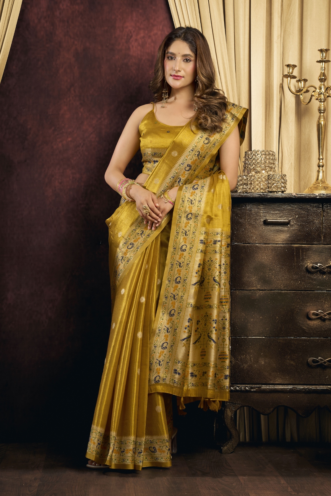 Olive Bird Motif Woven Tissue Silk Saree