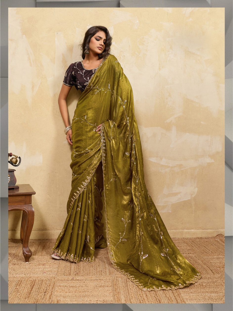 Olive Botanical Zari Metallic Velvet Satin Saree