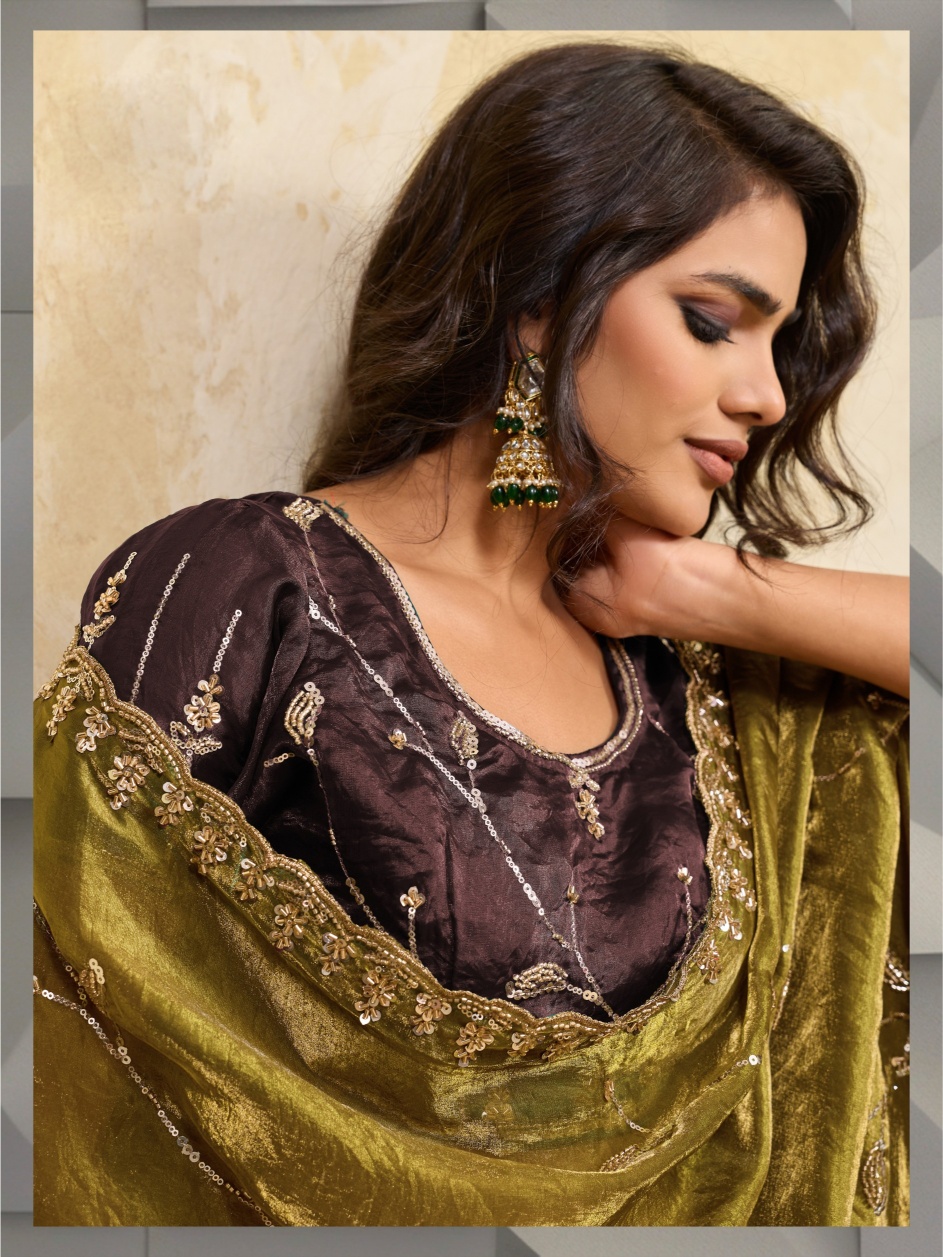 Olive Botanical Zari Metallic Velvet Satin Saree — alternate view