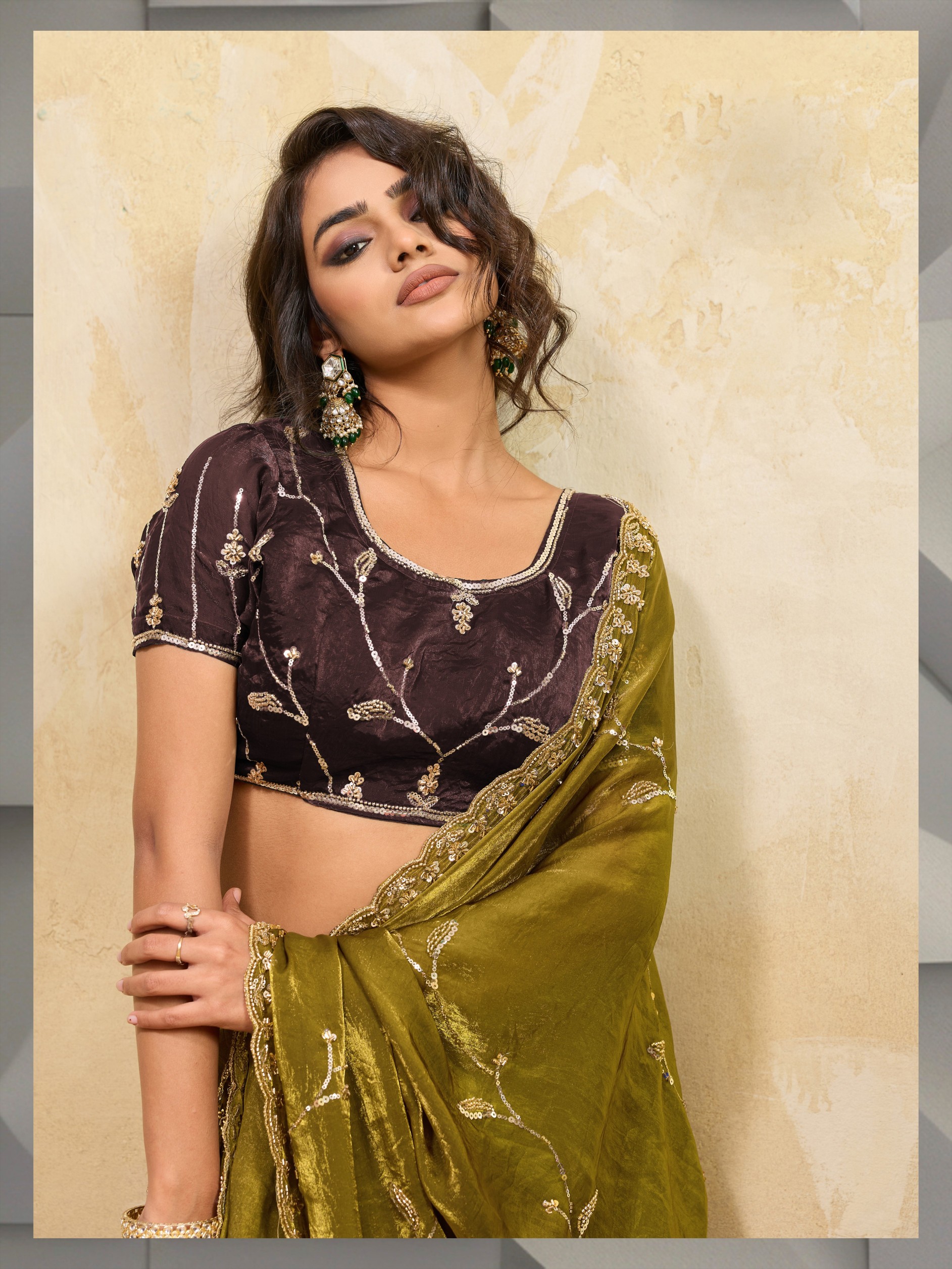 Olive Botanical Zari Metallic Velvet Satin Saree