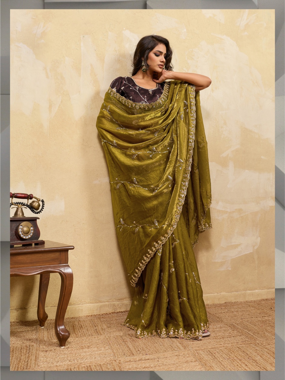 Olive Botanical Zari Metallic Velvet Satin Saree