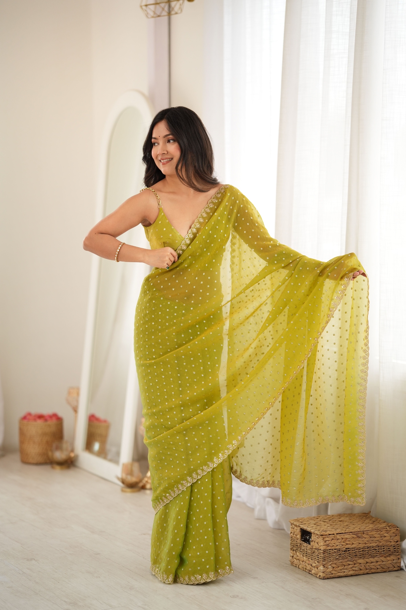 Olive Butti Embroidery Moss Butti Saree