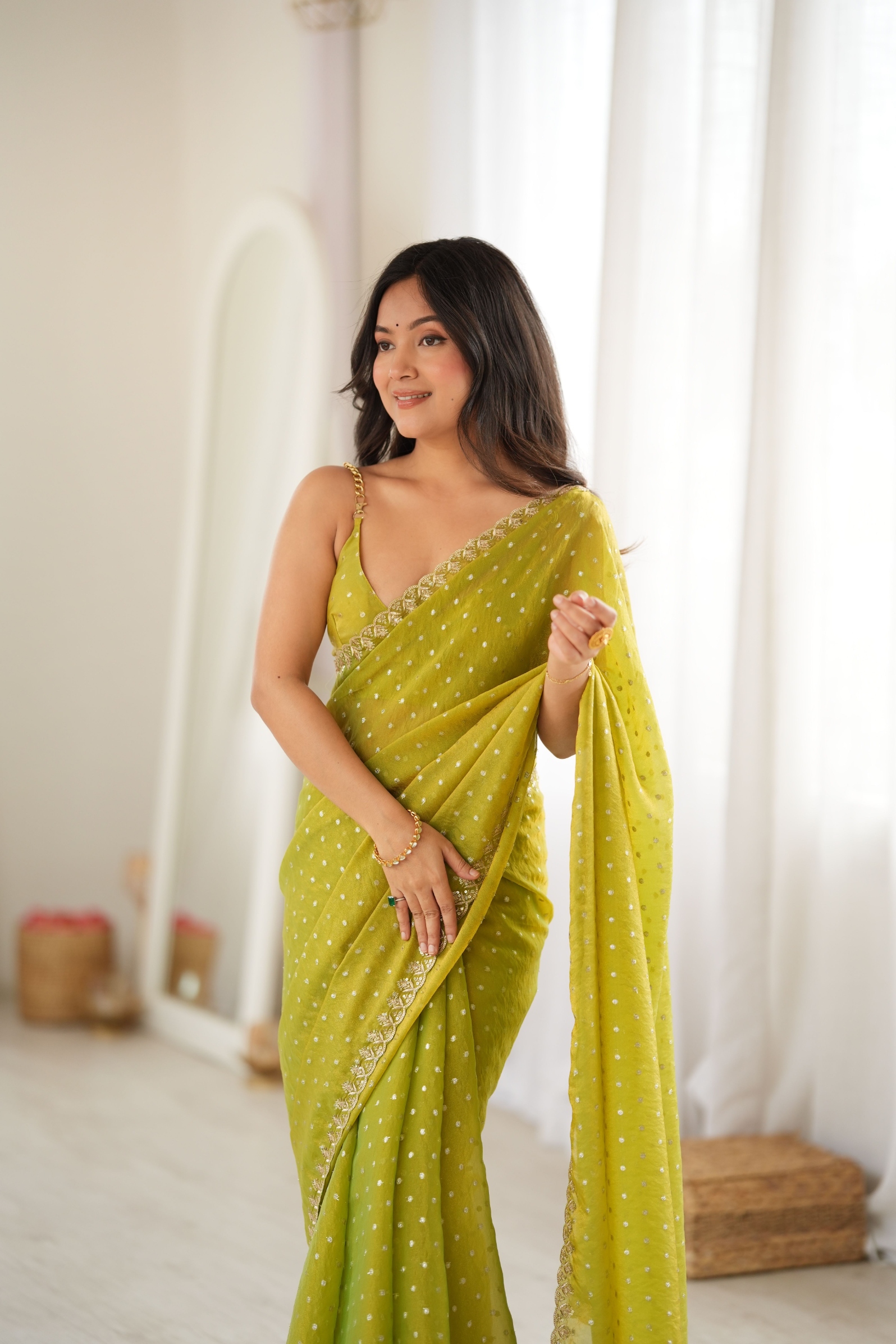 Olive Butti Embroidery Moss Butti Saree