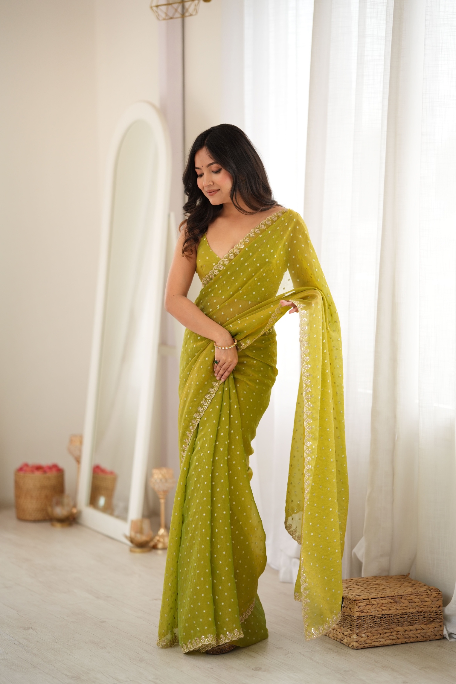 Olive Butti Embroidery Moss Butti Saree