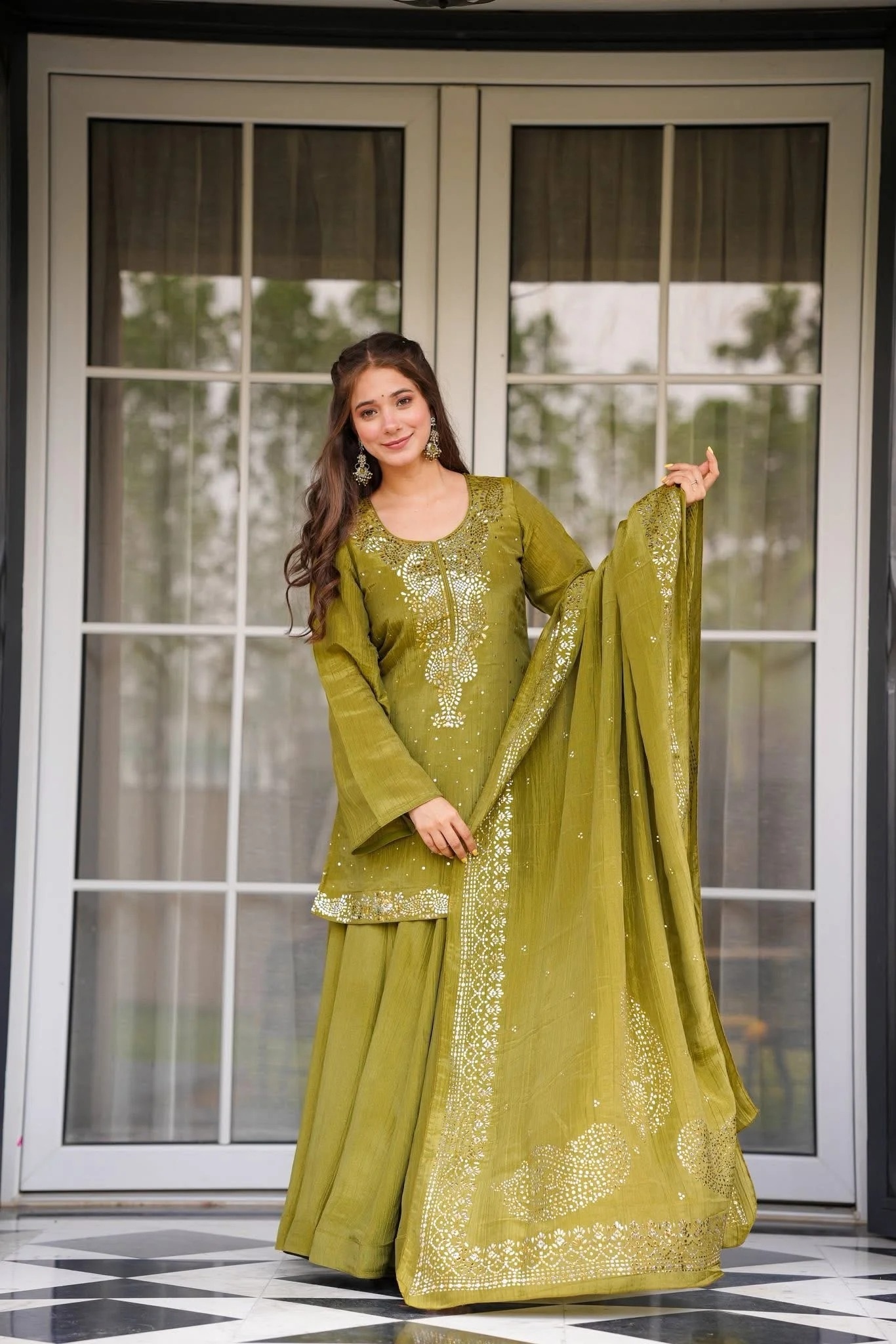 Olive Designer Foil Work Chinon Palazzo Suit