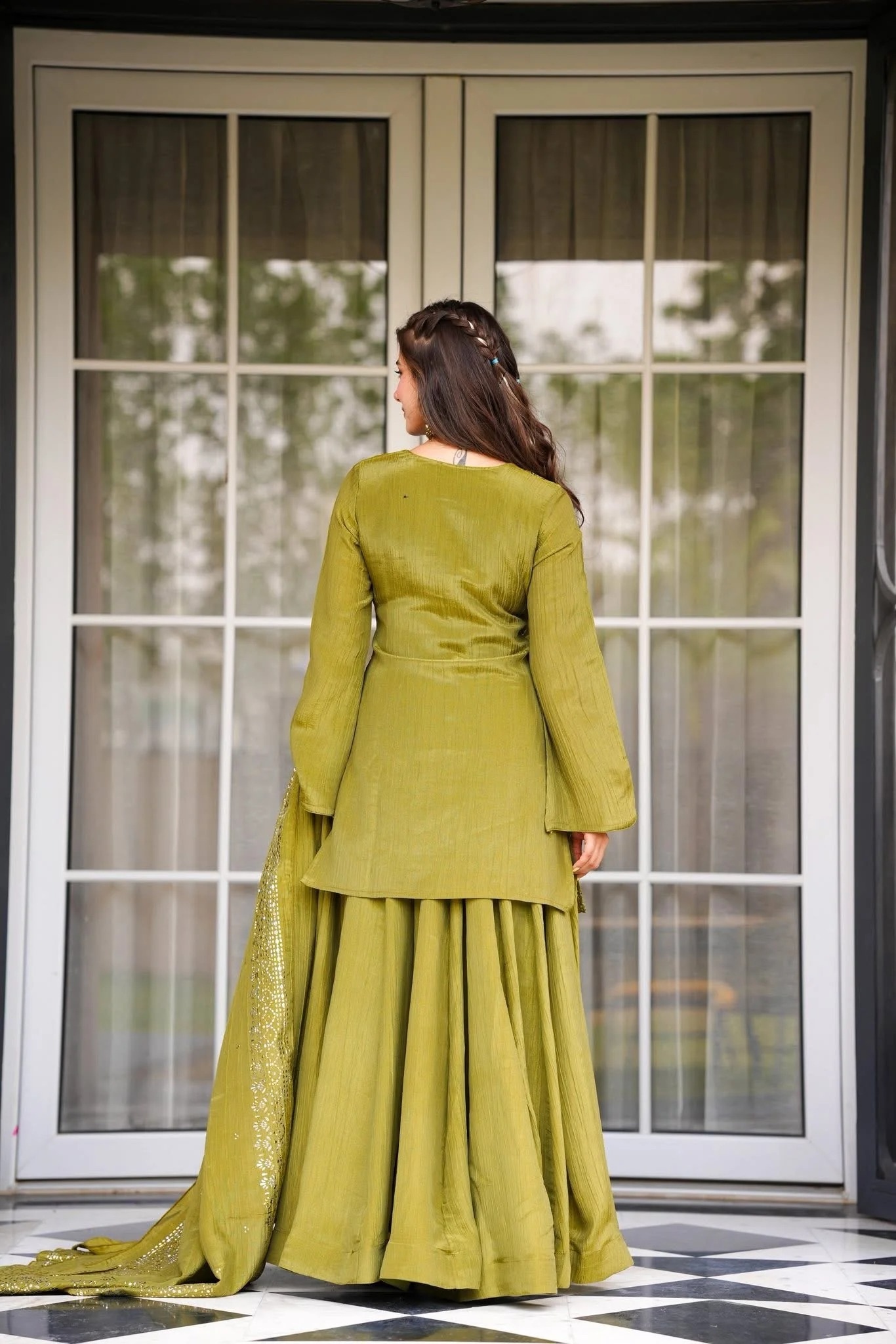 Olive Designer Foil Work Chinon Palazzo Suit — alternate view