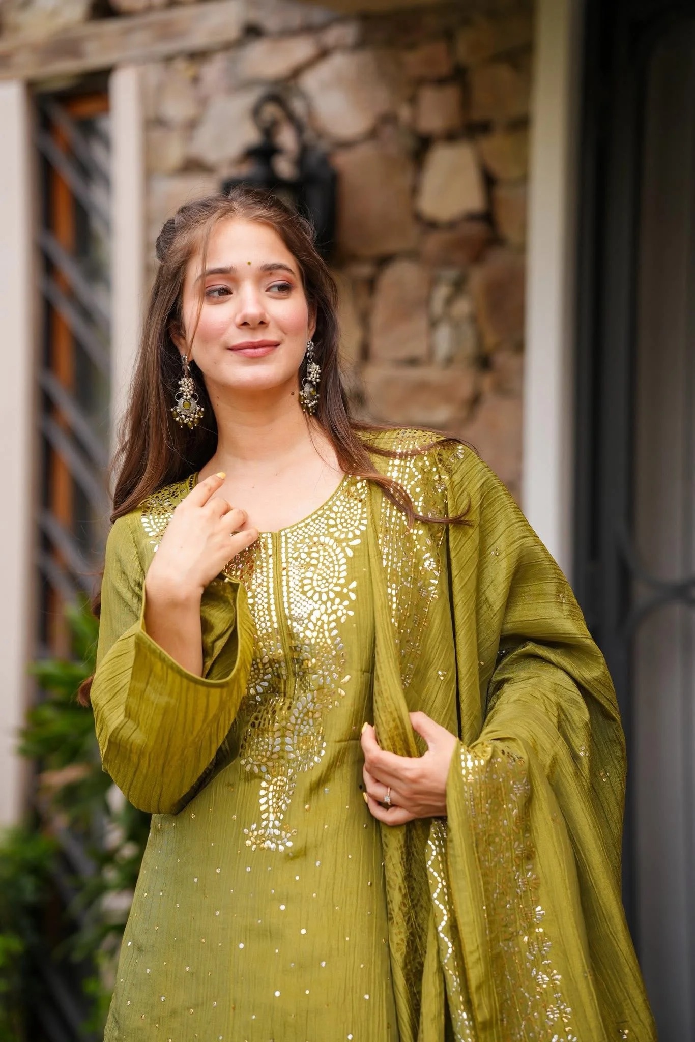 Olive Designer Foil Work Chinon Palazzo Suit