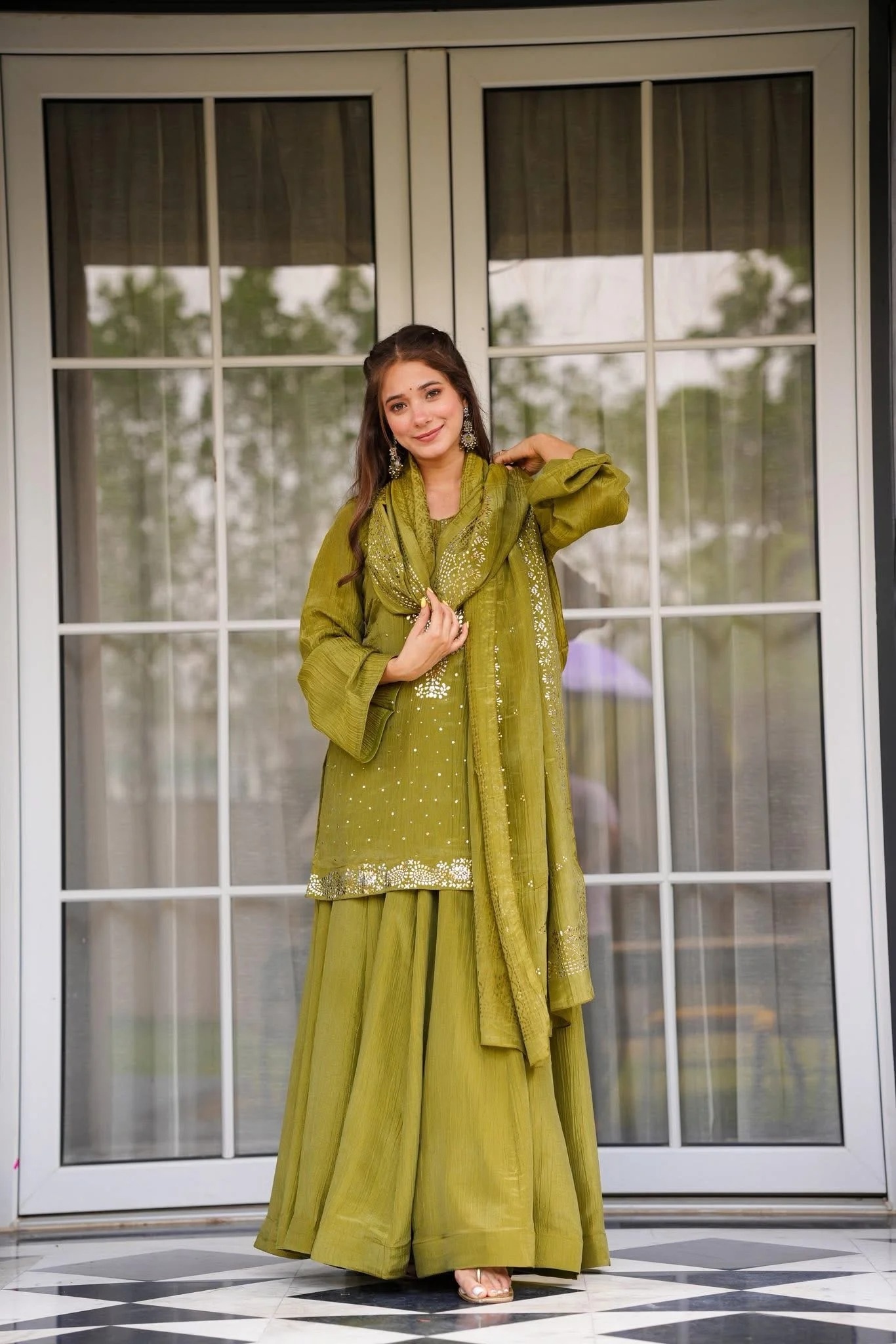 Olive Designer Foil Work Chinon Palazzo Suit