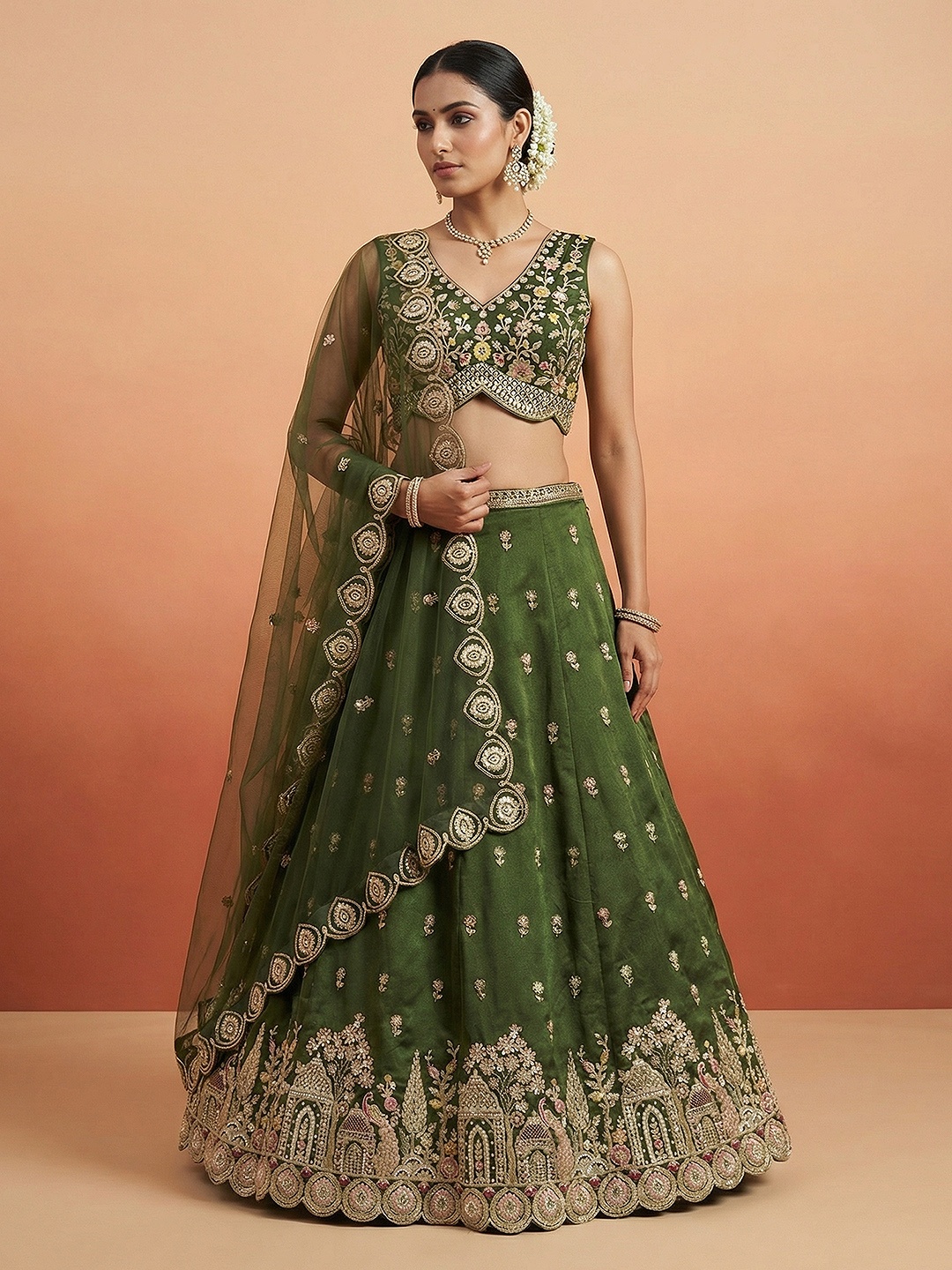 Olive Designer Sequins Embroidery Work Chinnon Lehenga Choli