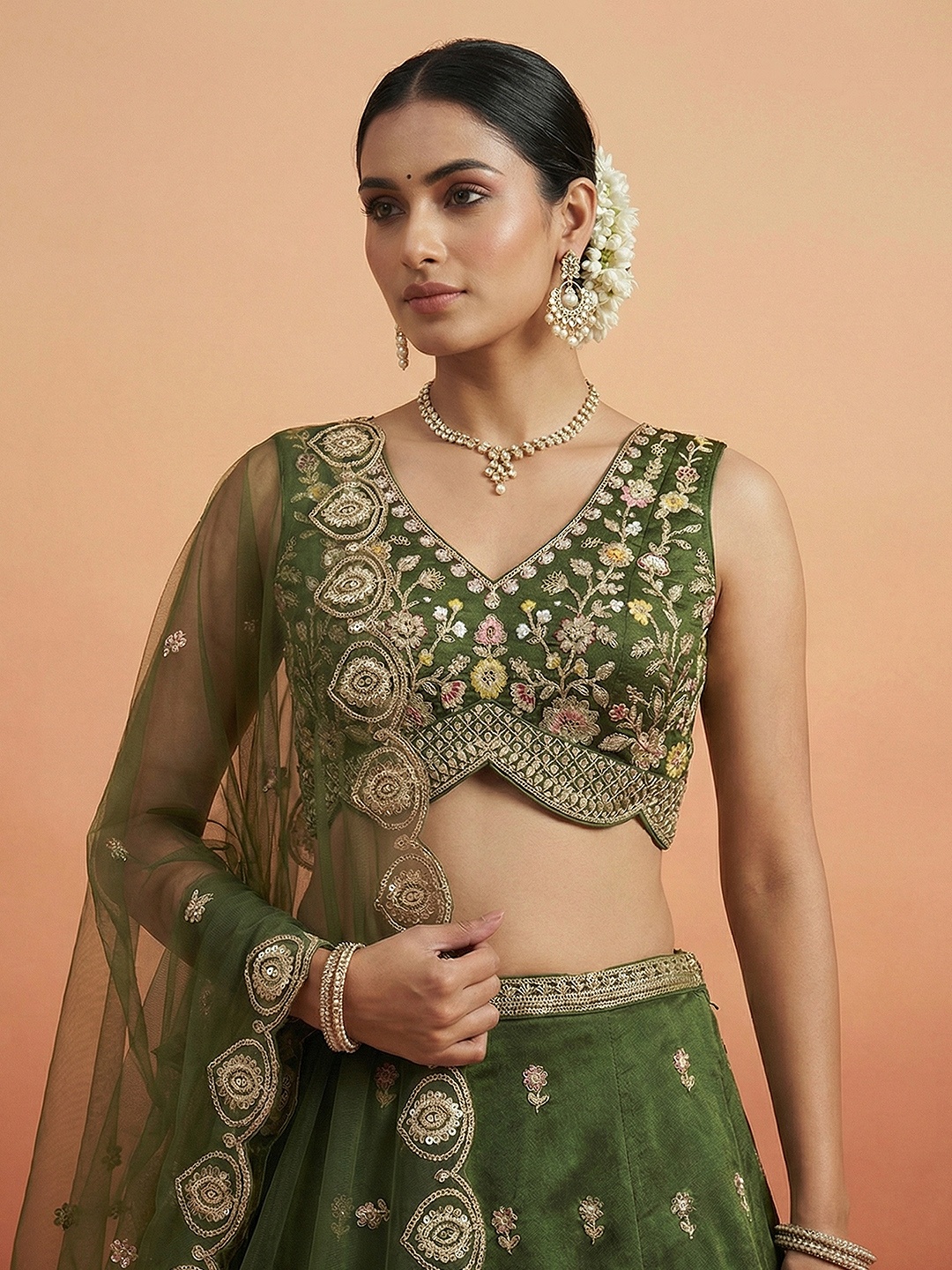 Olive Designer Sequins Embroidery Work Chinnon Lehenga Choli — alternate view