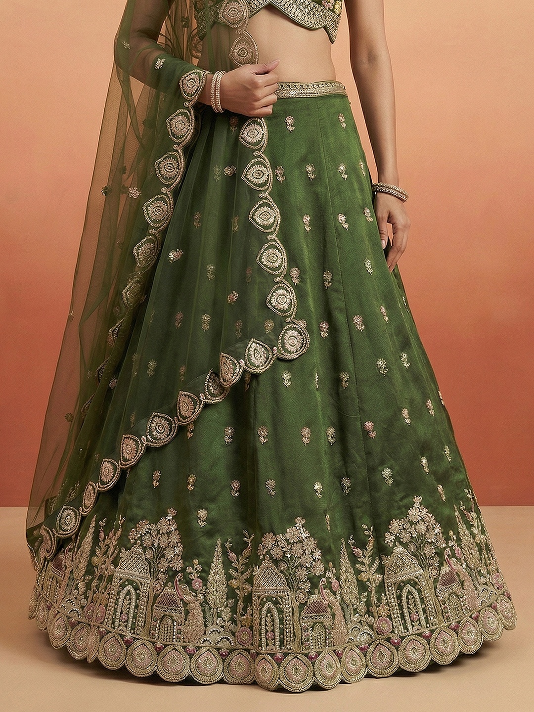 Olive Designer Sequins Embroidery Work Chinnon Lehenga Choli
