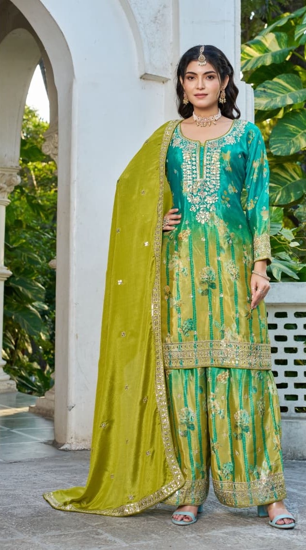 Olive Embroidered Chinon Palazzo Suit
