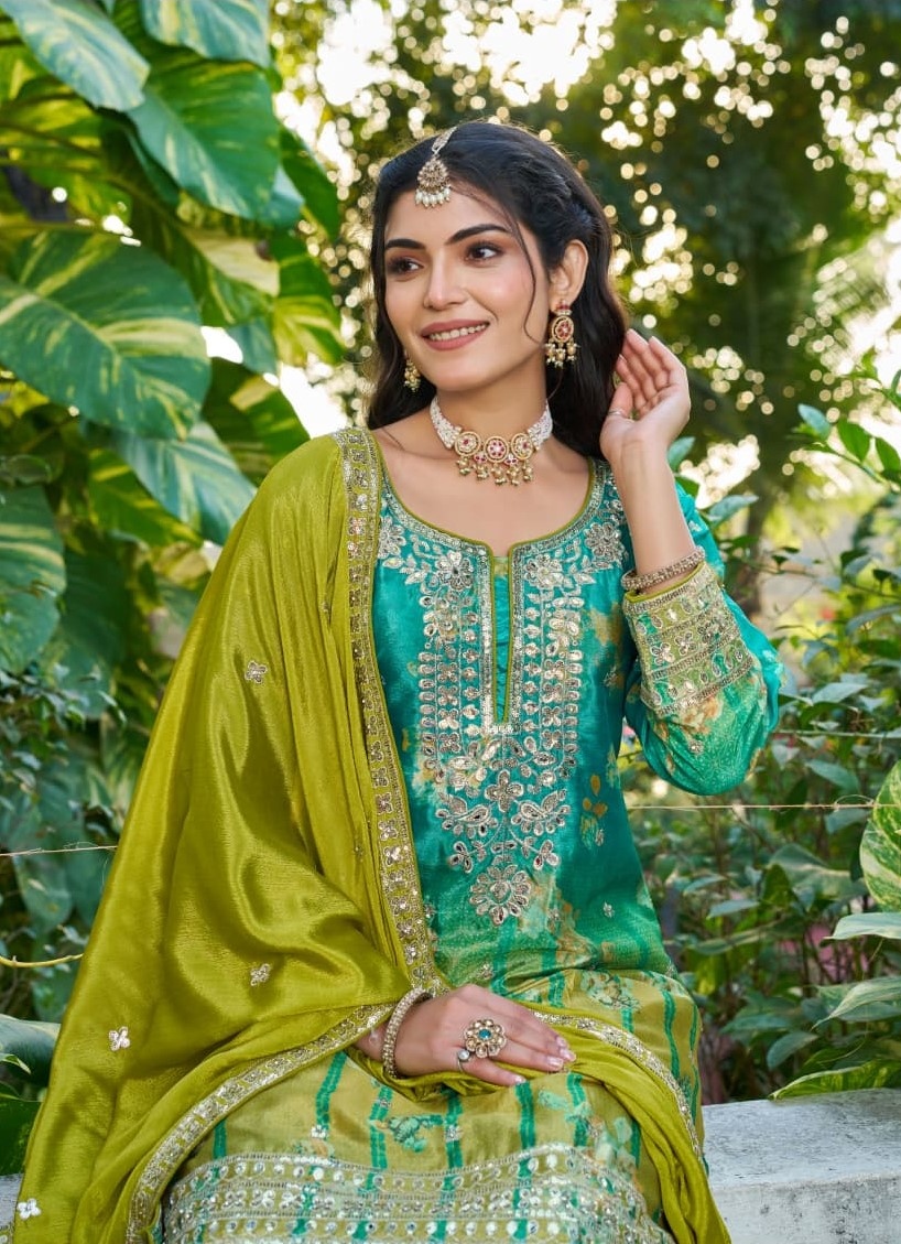 Olive Embroidered Chinon Palazzo Suit