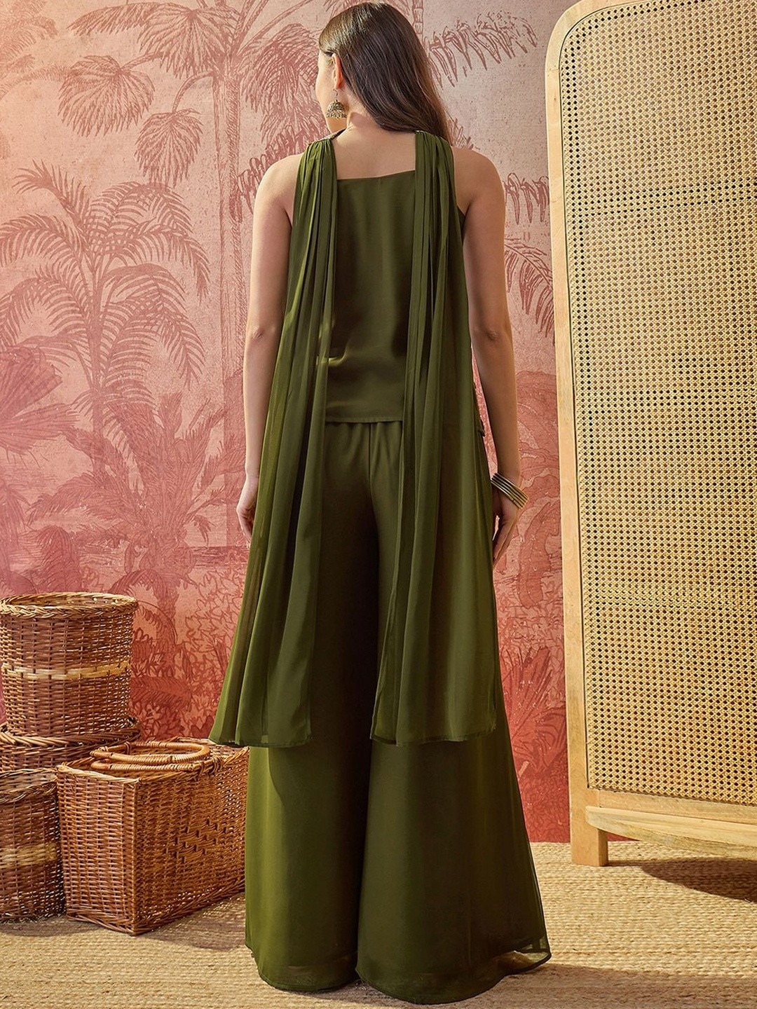 Olive Embroidered Georgette Palazzo Set — alternate view