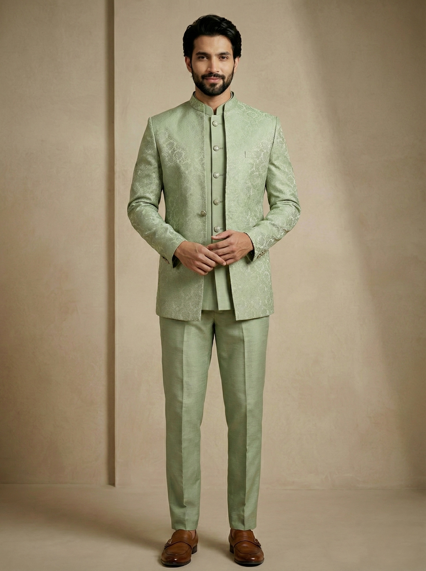 Olive Floral Donier Jacquard Indo-Western Sherwani