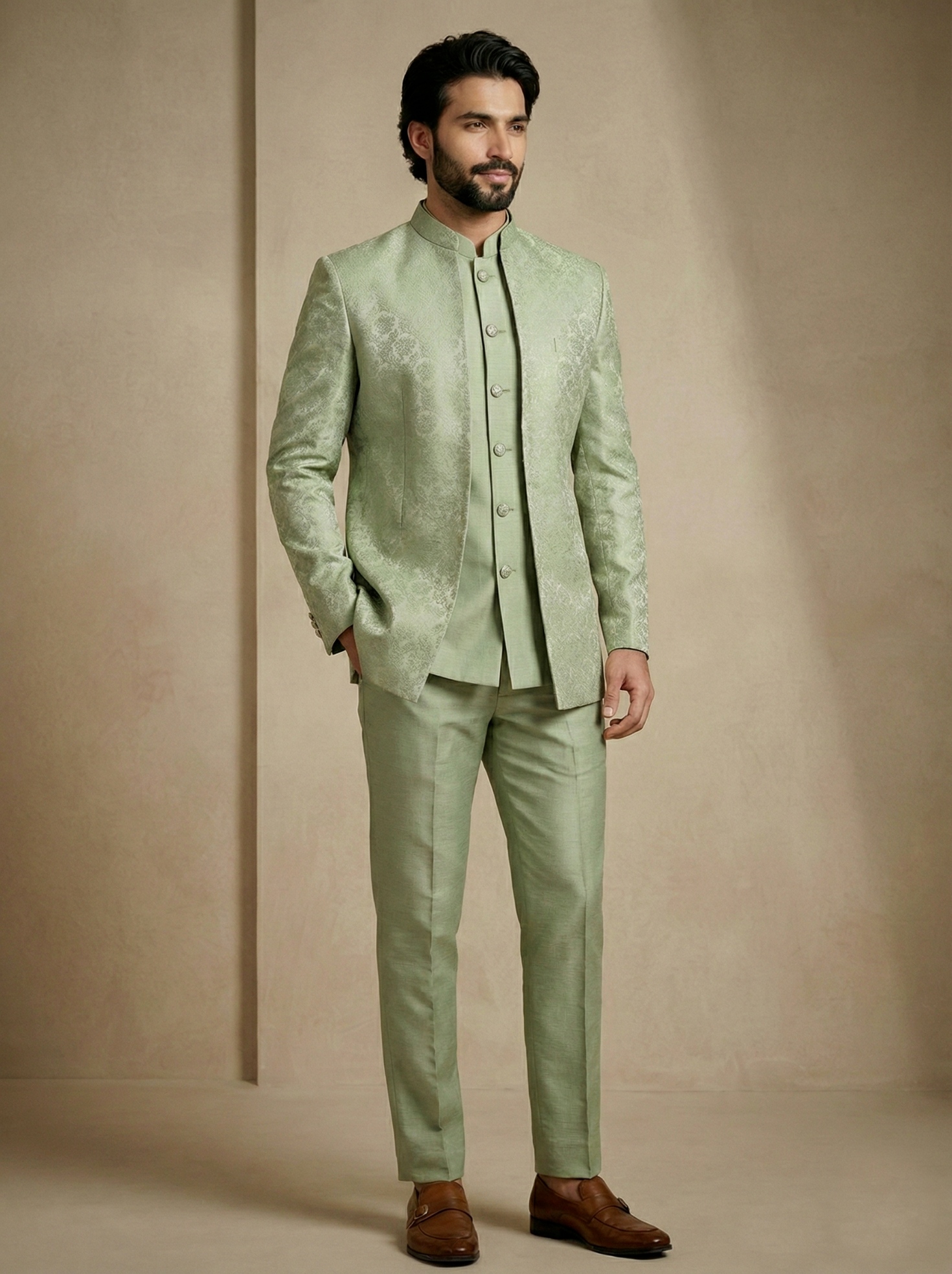 Olive Floral Donier Jacquard Indo-Western Sherwani — alternate view