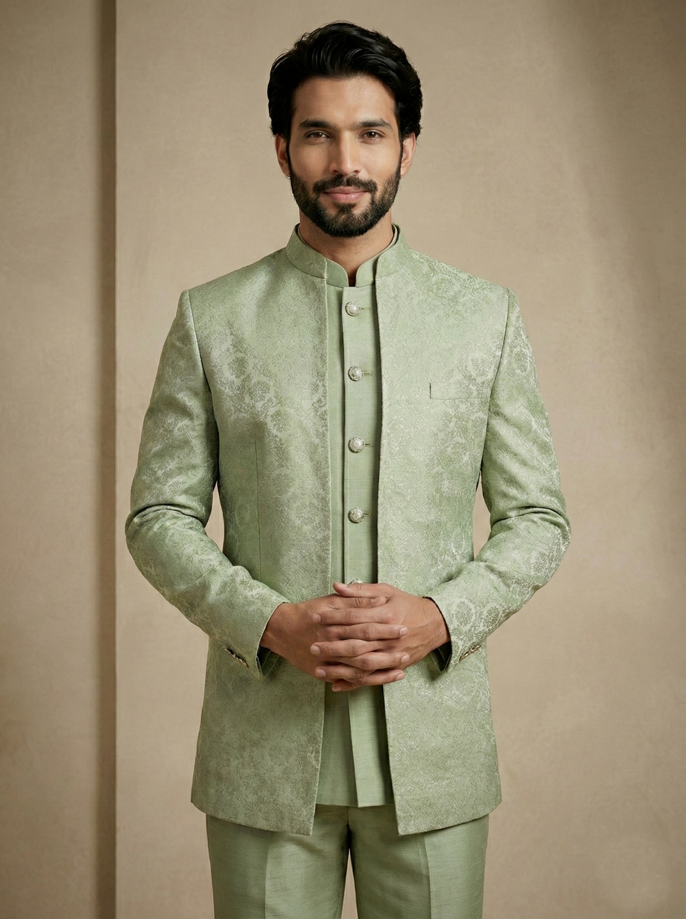 Olive Floral Donier Jacquard Indo-Western Sherwani