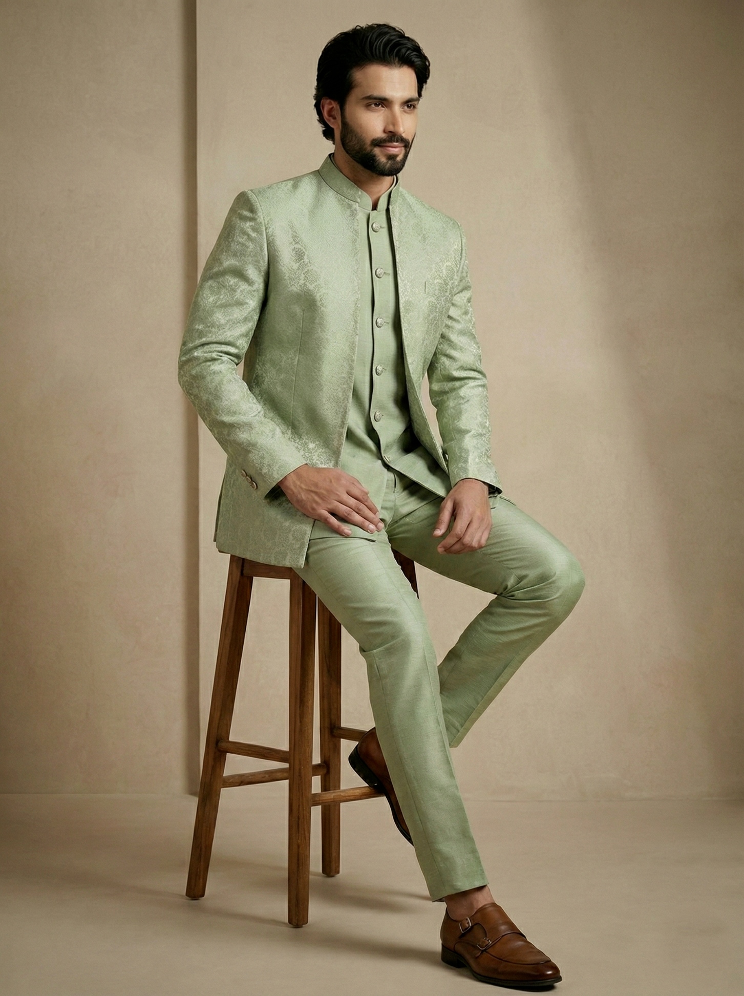 Olive Floral Donier Jacquard Indo-Western Sherwani