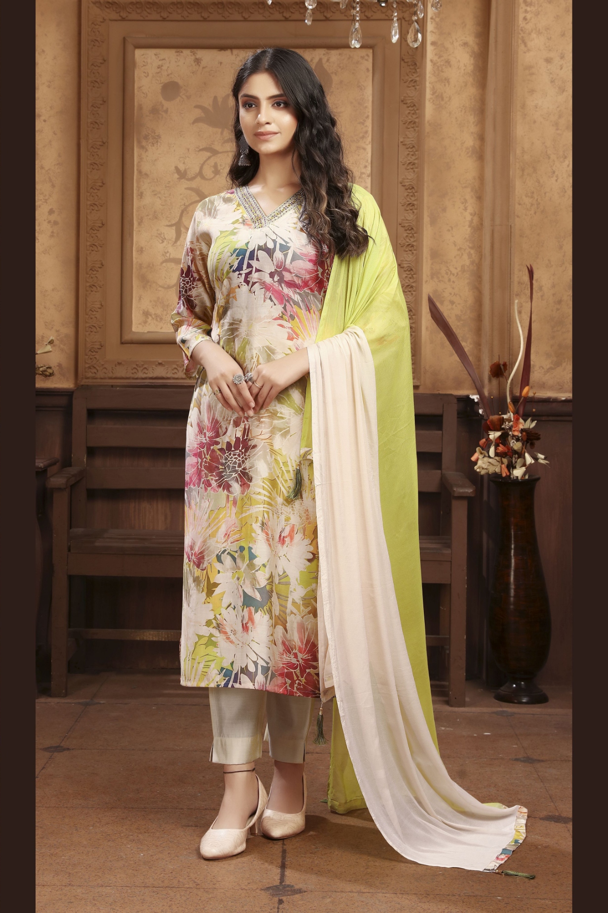 Olive Floral Embroidered Chanderi Straight Suit