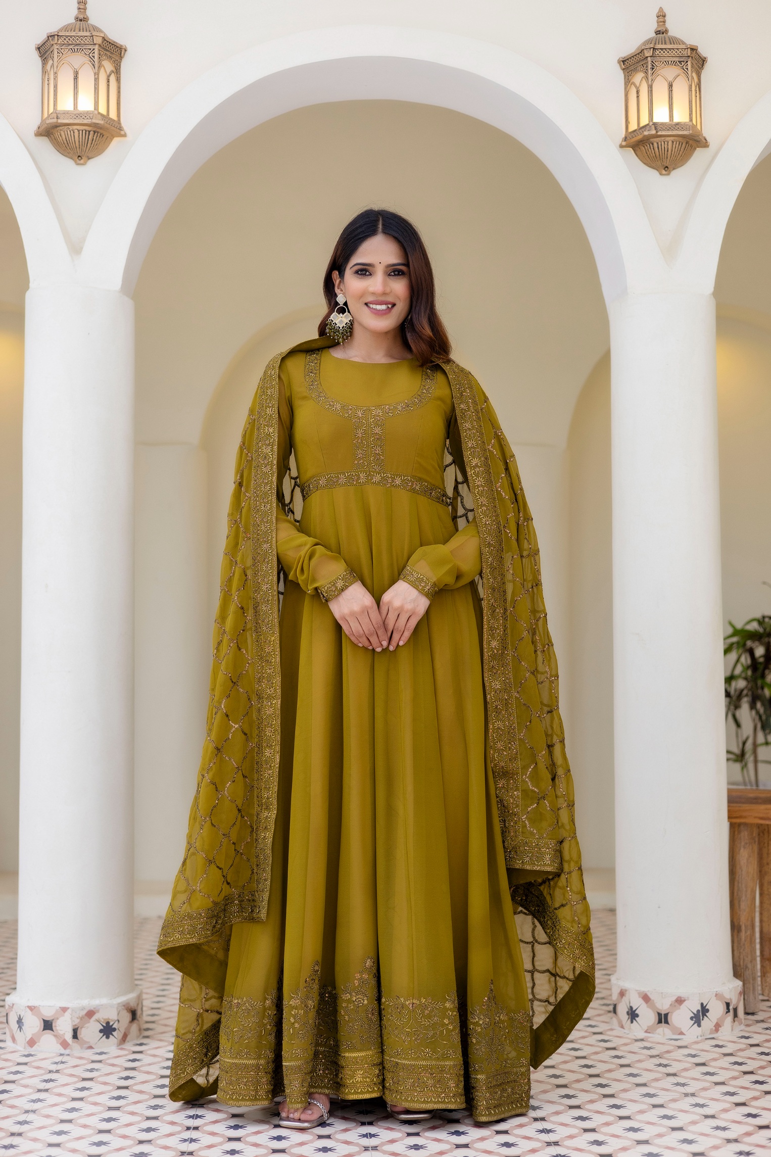 Olive Floral Embroidered Georgette Empire Gown