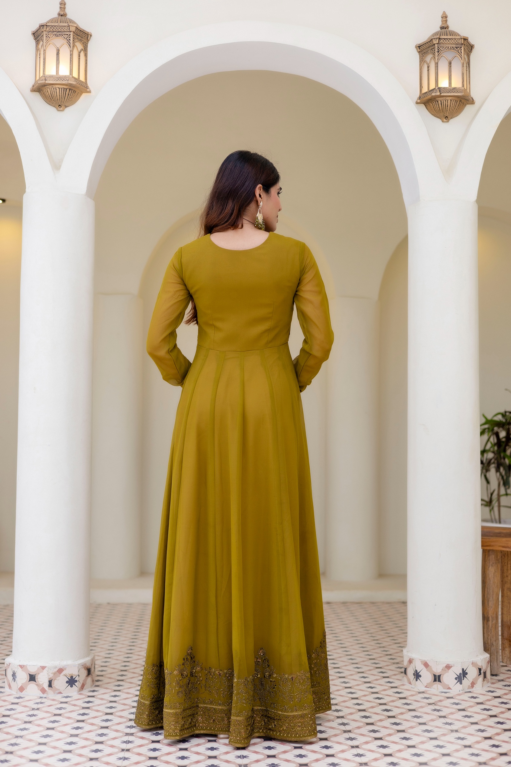 Olive Floral Embroidered Georgette Empire Gown — alternate view