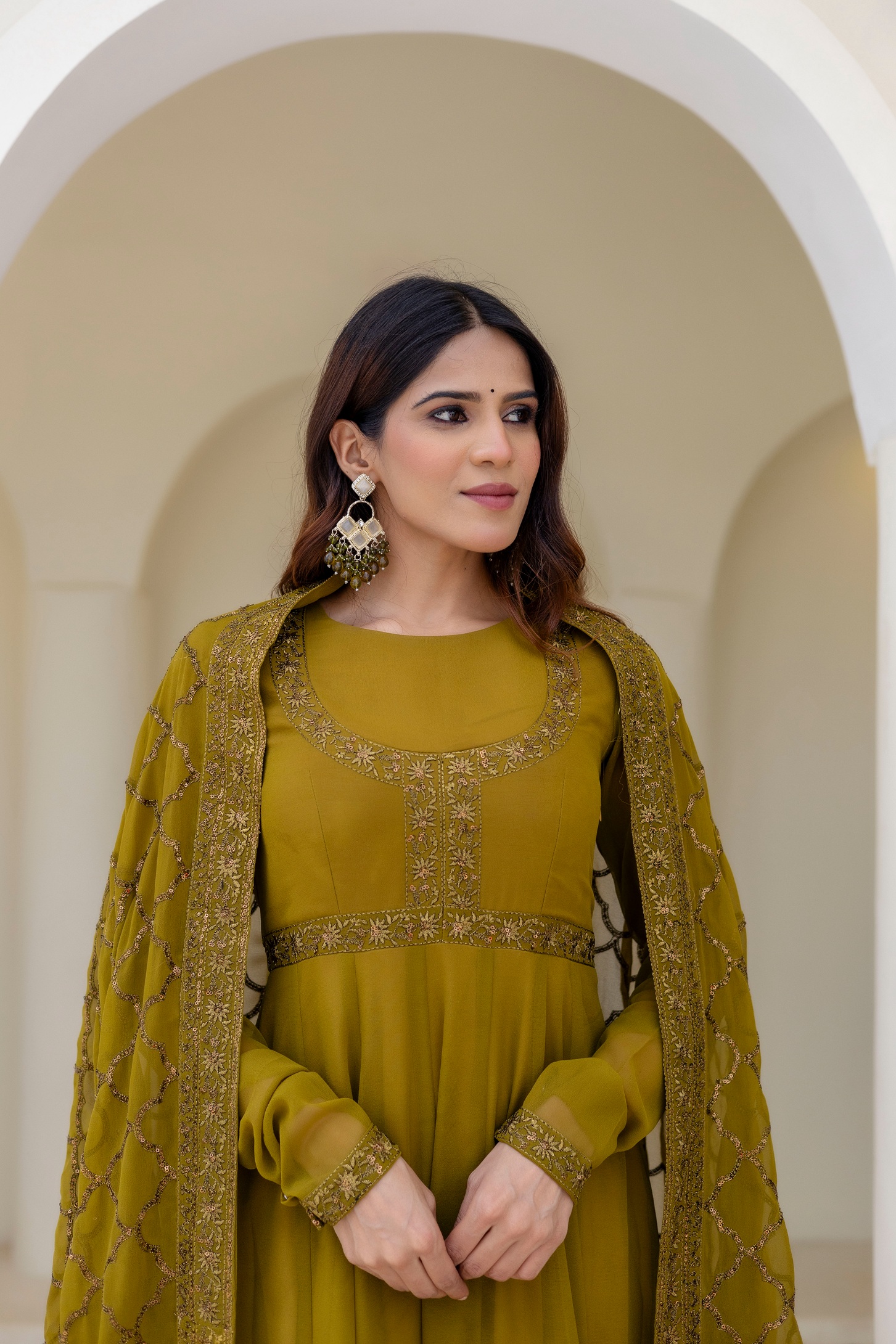 Olive Floral Embroidered Georgette Empire Gown