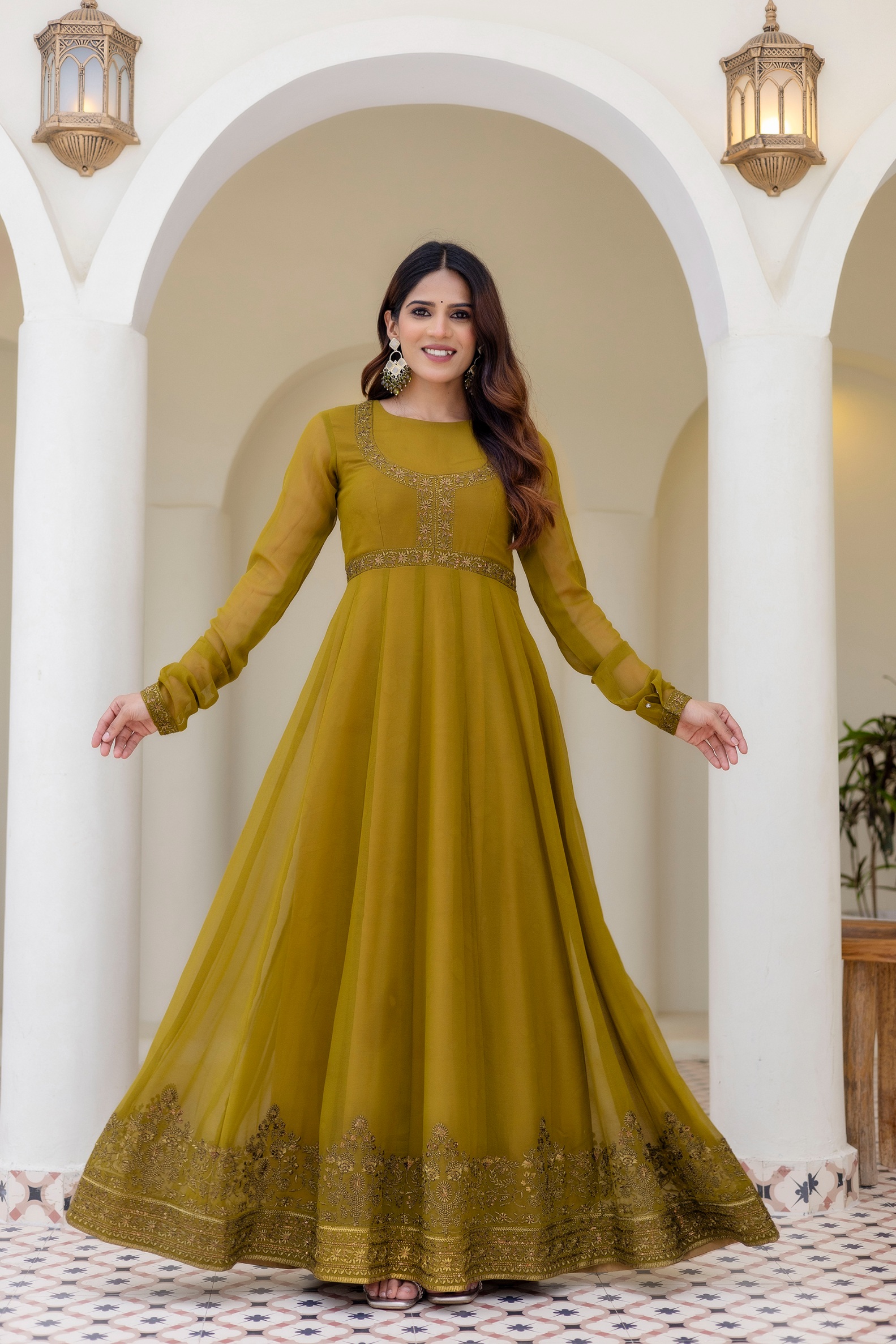 Olive Floral Embroidered Georgette Empire Gown