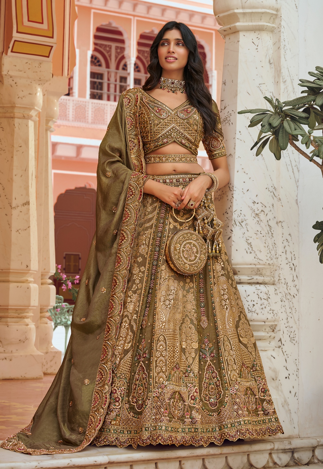 Olive Floral Embroidery Banarasi Premium Silk Lehenga Choli
