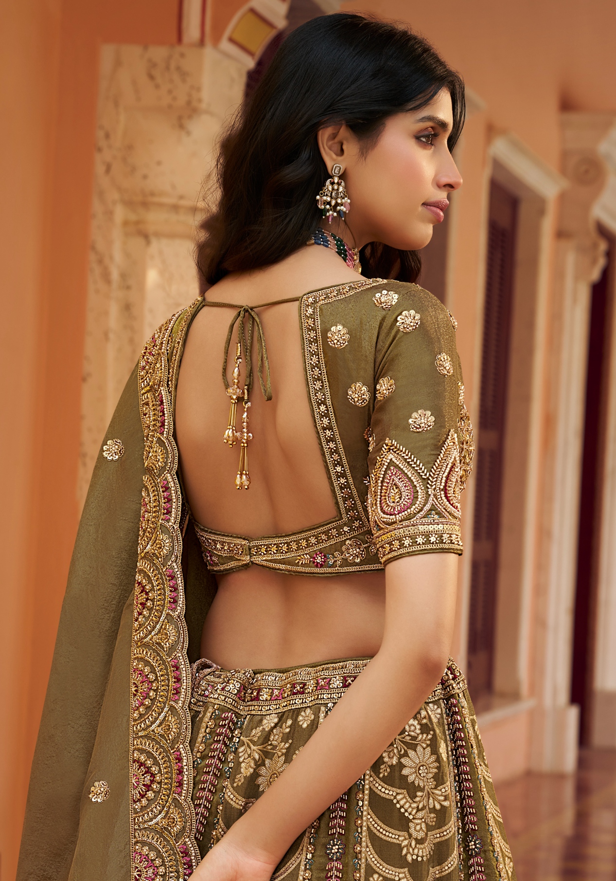 Olive Floral Embroidery Banarasi Premium Silk Lehenga Choli — alternate view