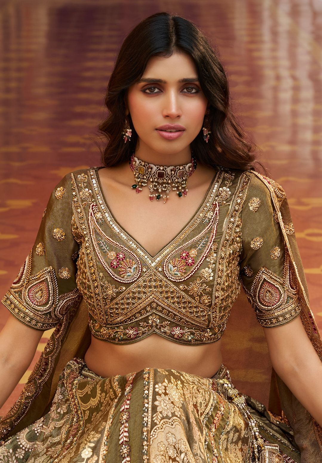 Olive Floral Embroidery Banarasi Premium Silk Lehenga Choli