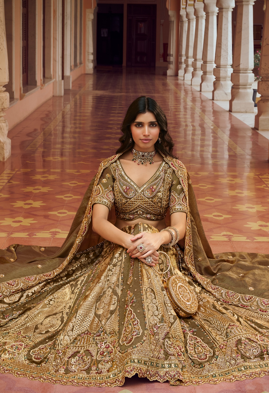 Olive Floral Embroidery Banarasi Premium Silk Lehenga Choli