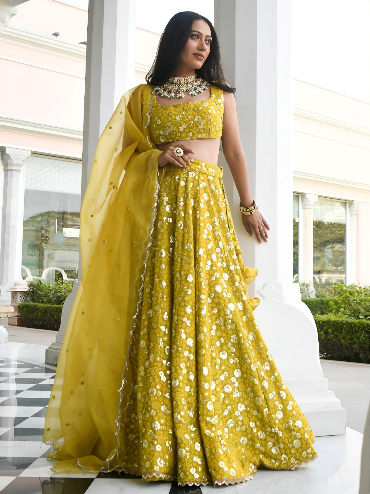 Olive Floral Embroidery Georgette Lehenga Choli