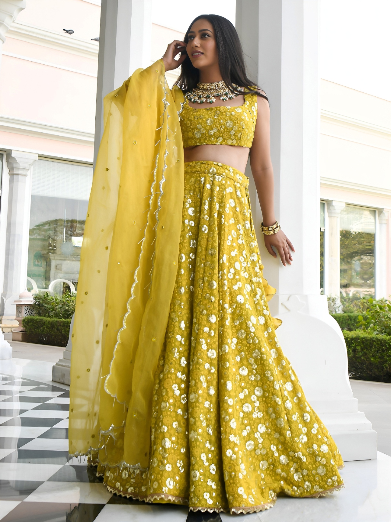 Olive Floral Embroidery Georgette Lehenga Choli