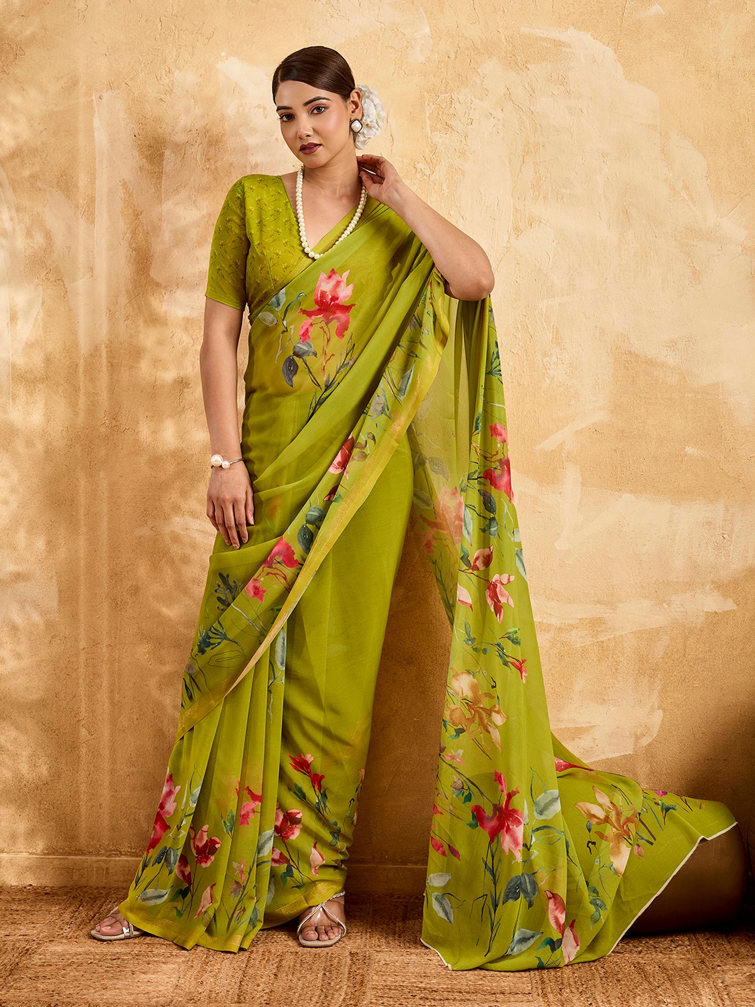 Olive Floral Printed Chiffon Saree