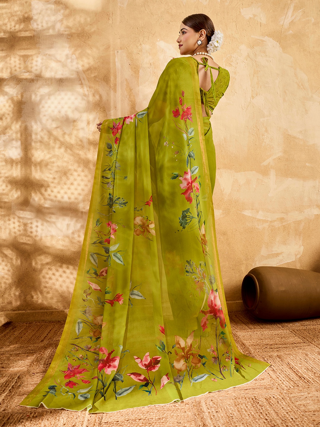 Olive Floral Printed Chiffon Saree — alternate view