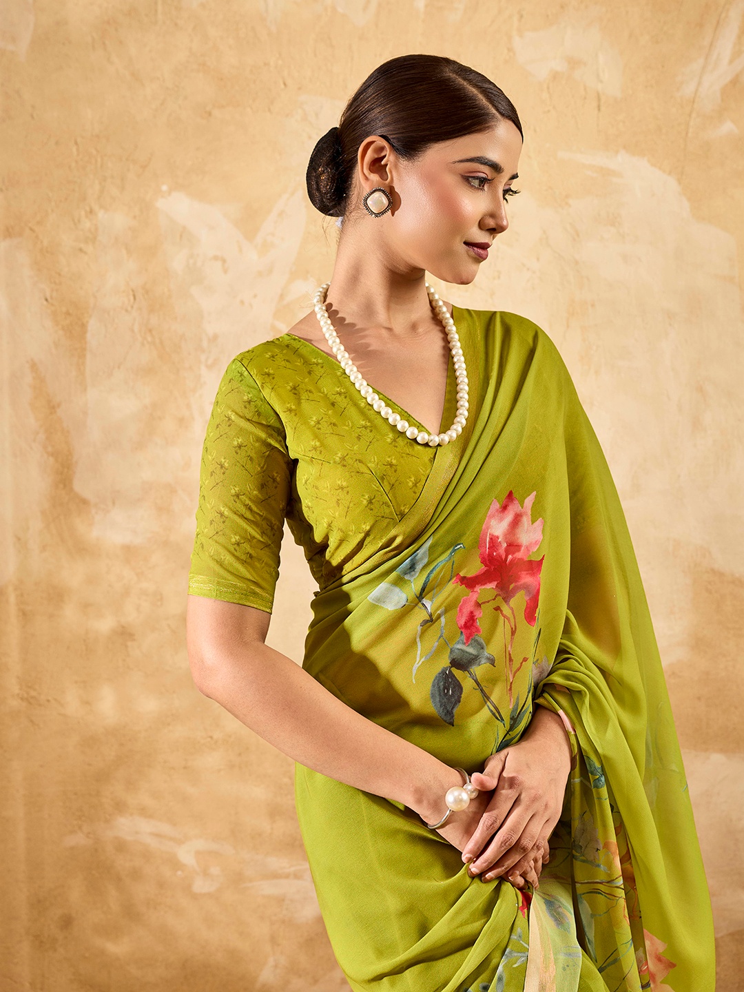 Olive Floral Printed Chiffon Saree