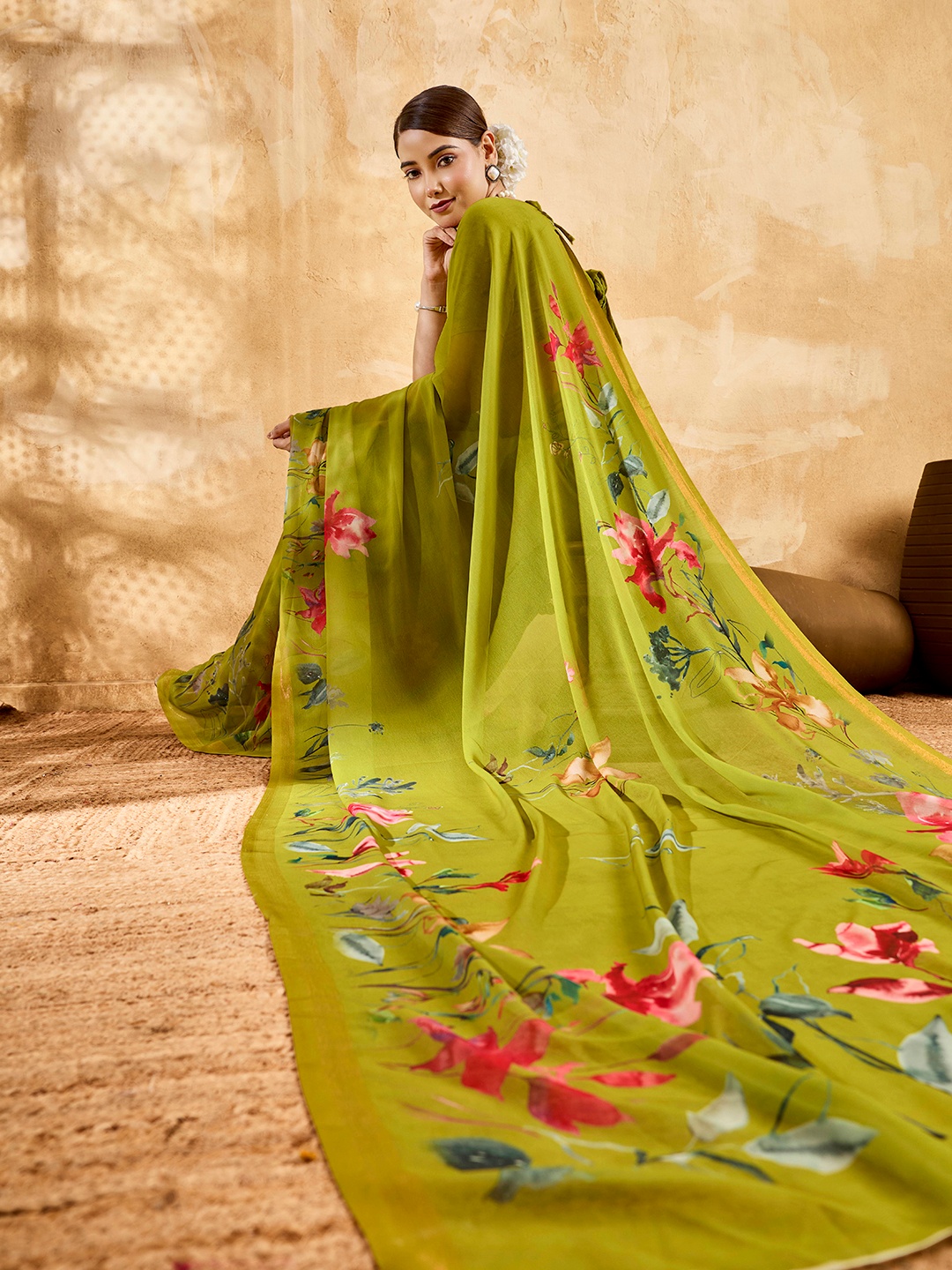 Olive Floral Printed Chiffon Saree