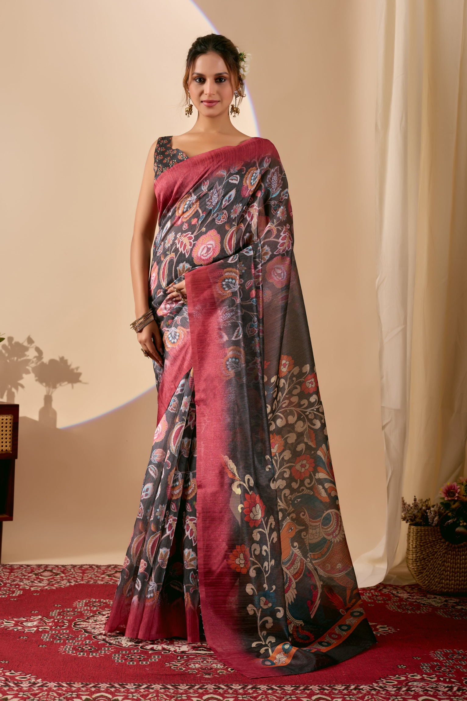 Olive Floral Printed Silk Blend Ready To Wear Saree