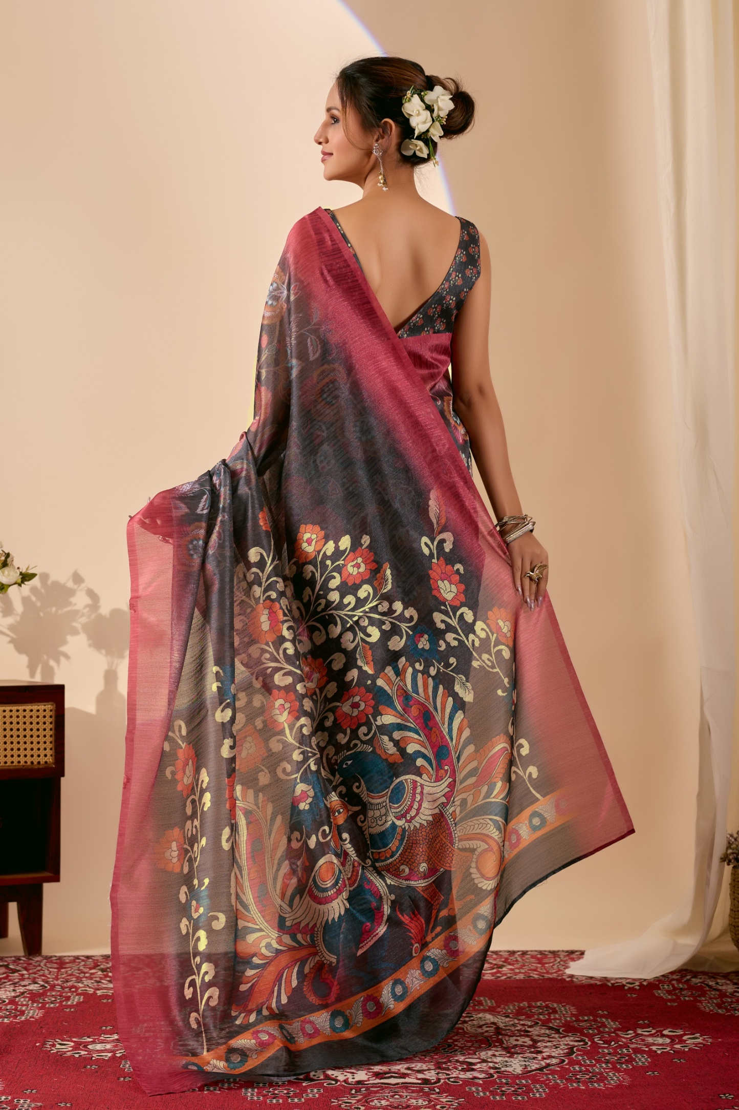 Olive Floral Printed Silk Blend Ready To Wear Saree — alternate view