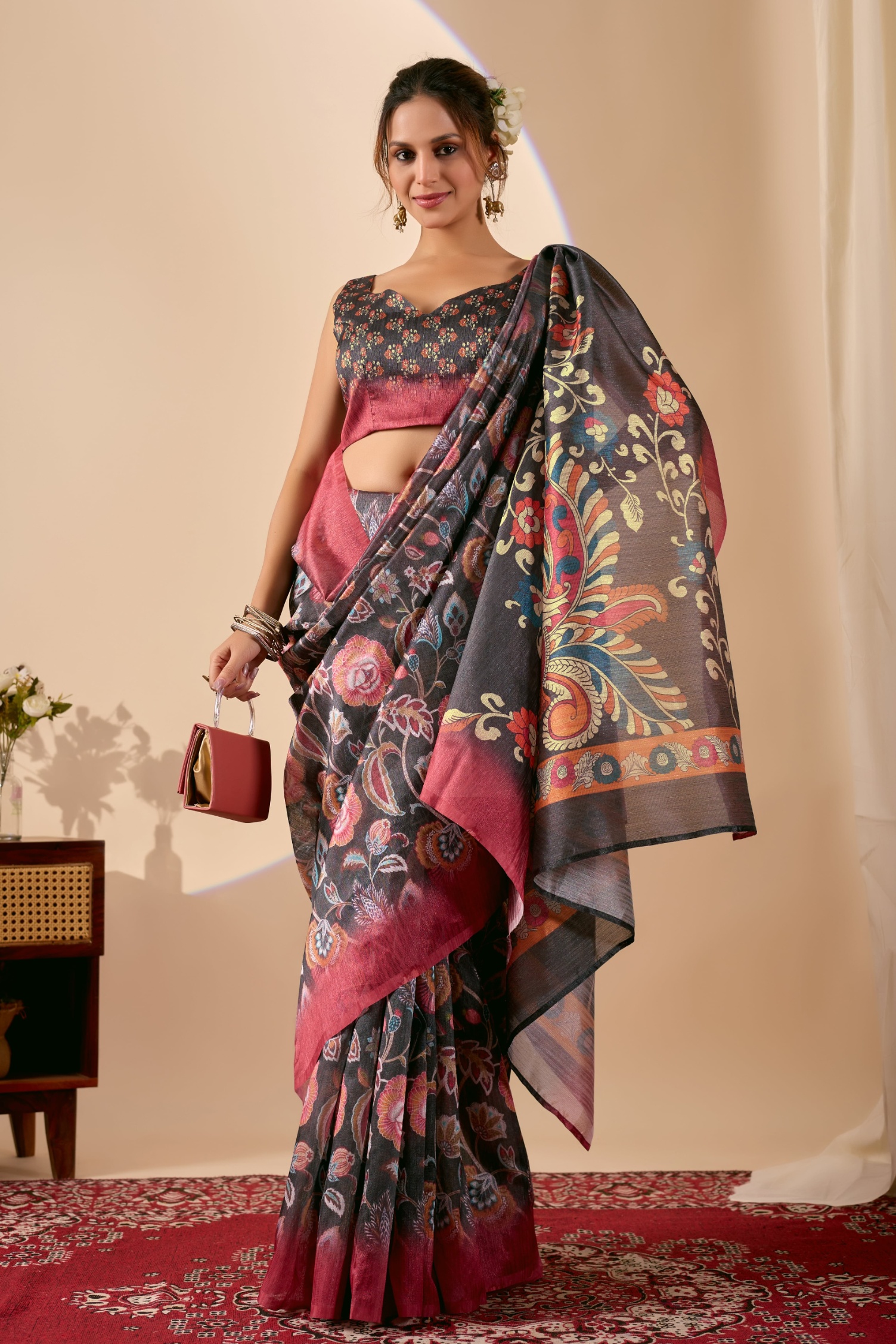 Olive Floral Printed Silk Blend Ready To Wear Saree