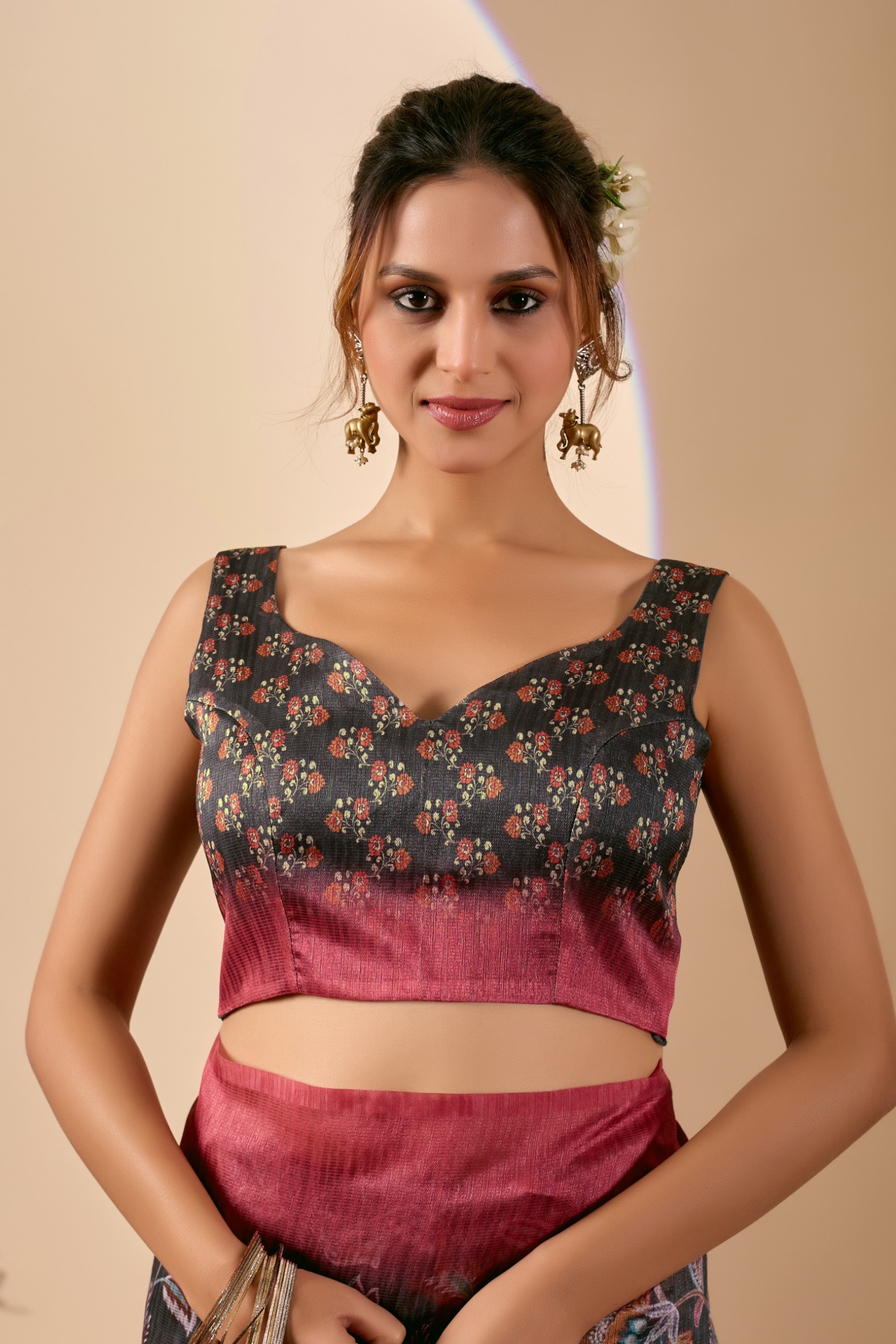 Olive Floral Printed Silk Blend Ready To Wear Saree