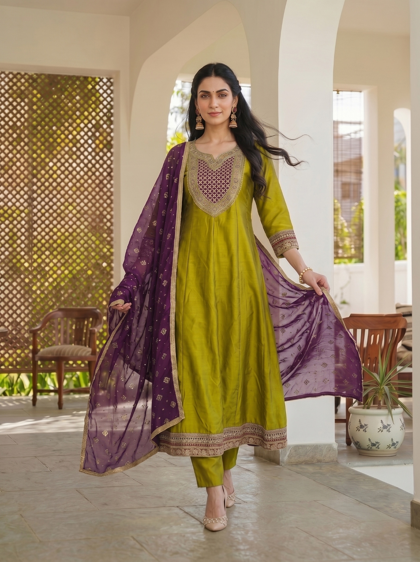 Olive Floral Thread Vichitra Silk Straight Suit