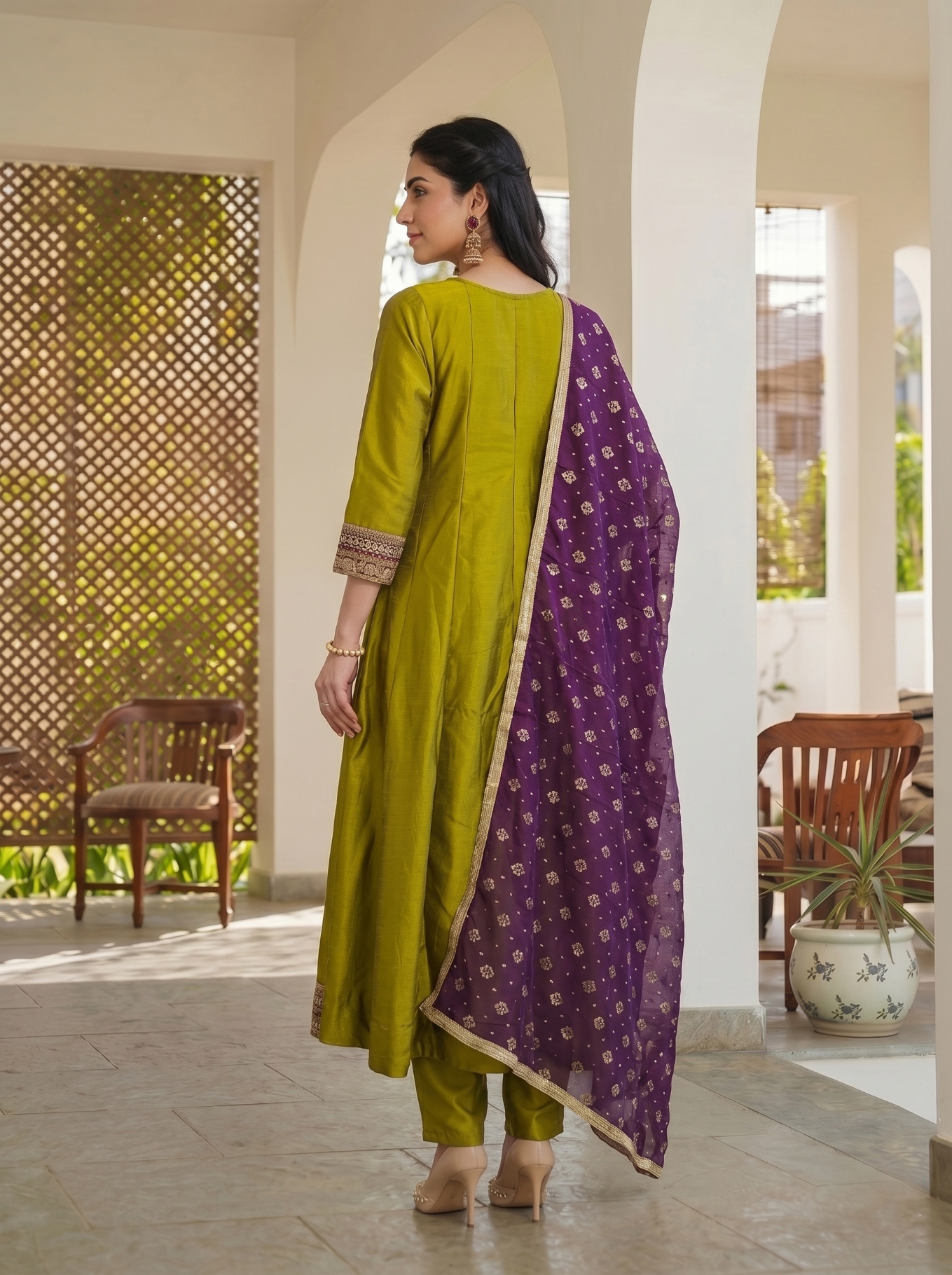 Olive Floral Thread Vichitra Silk Straight Suit — alternate view